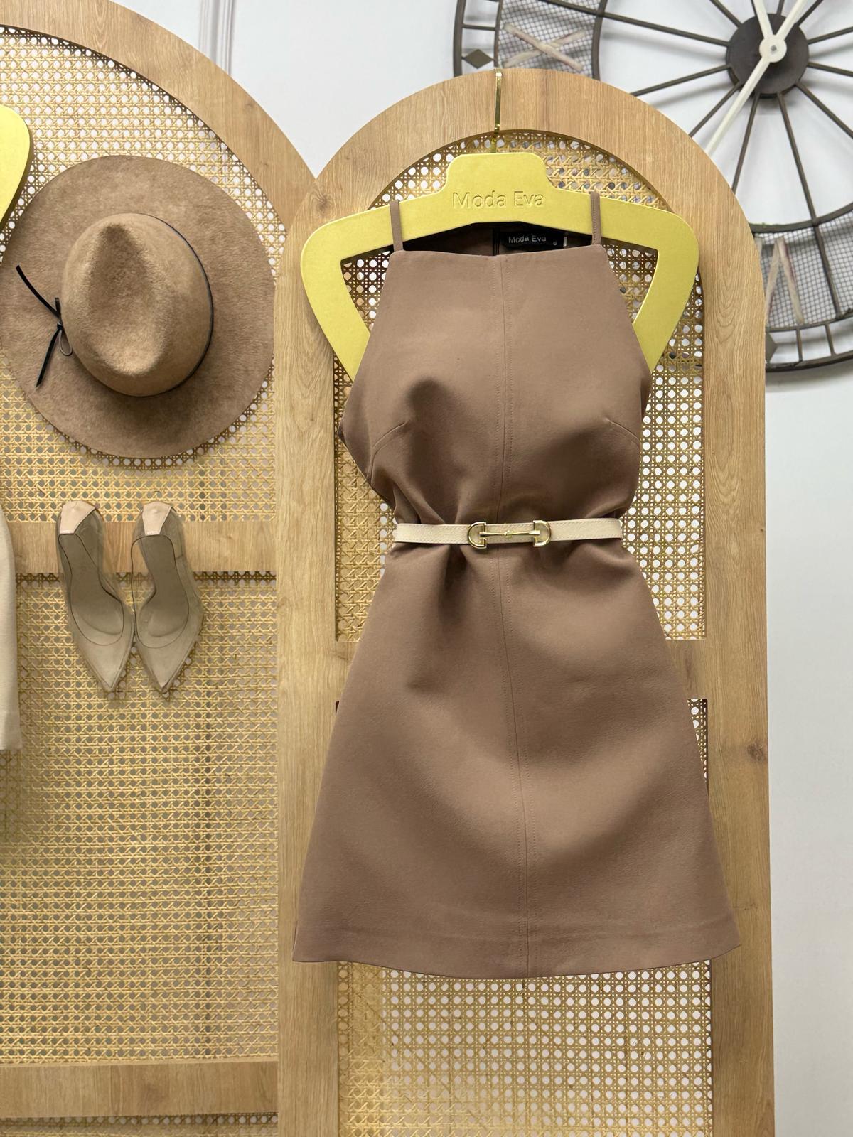 İnce Askılı Rahat Kalıp Mini Elbise Kemer Dahil Değildir Taba