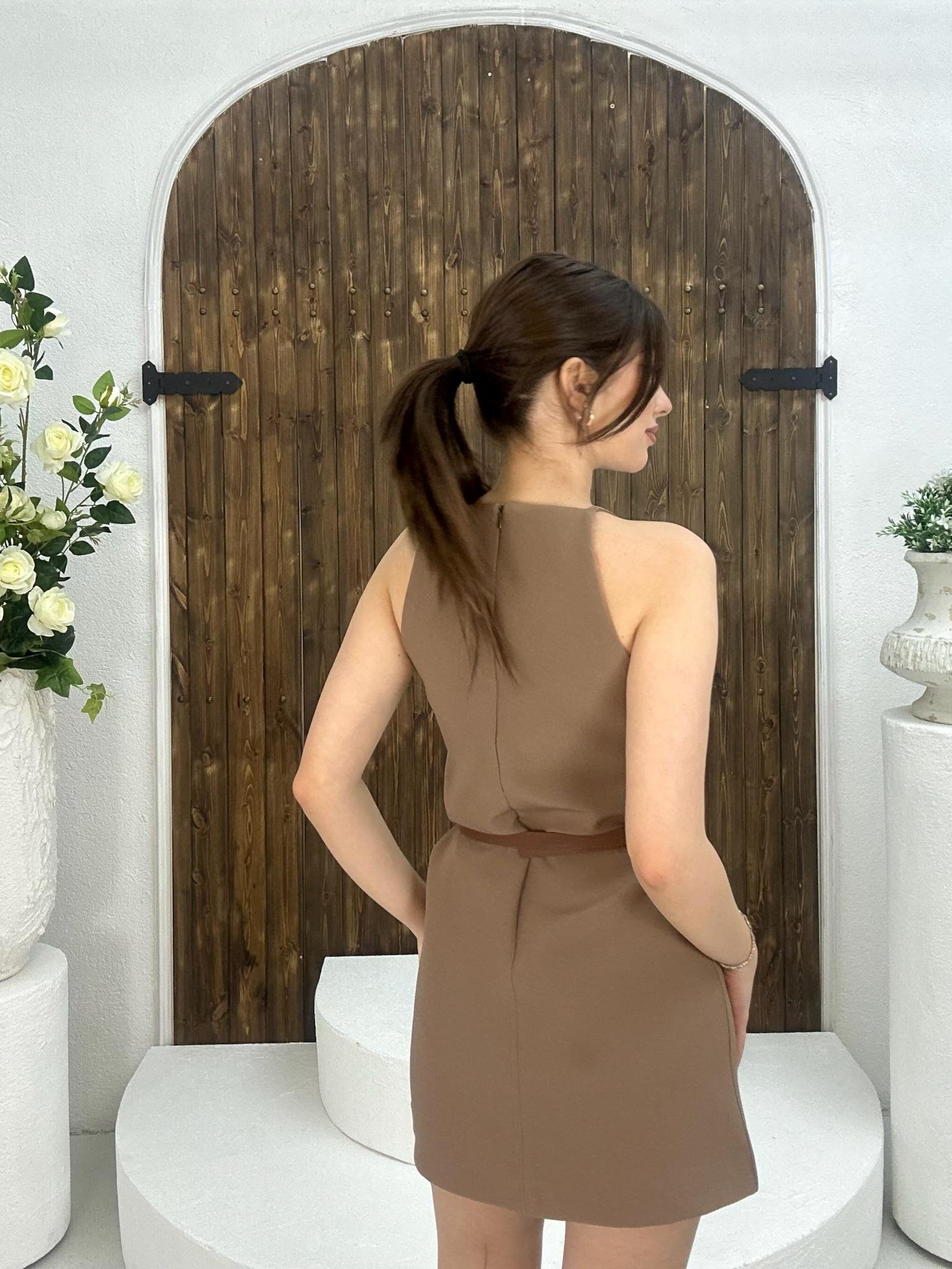 İnce Askılı Rahat Kalıp Mini Elbise Kemer Dahil Değildir Taba