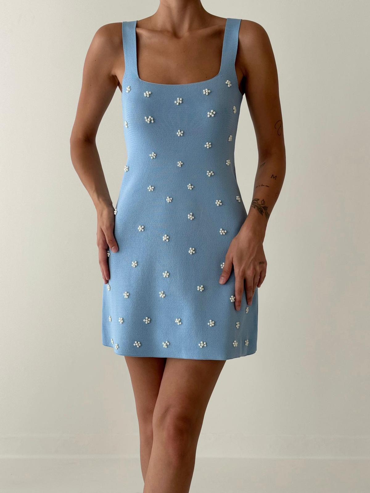 İnci Detaylı Kare Yaka Elbise