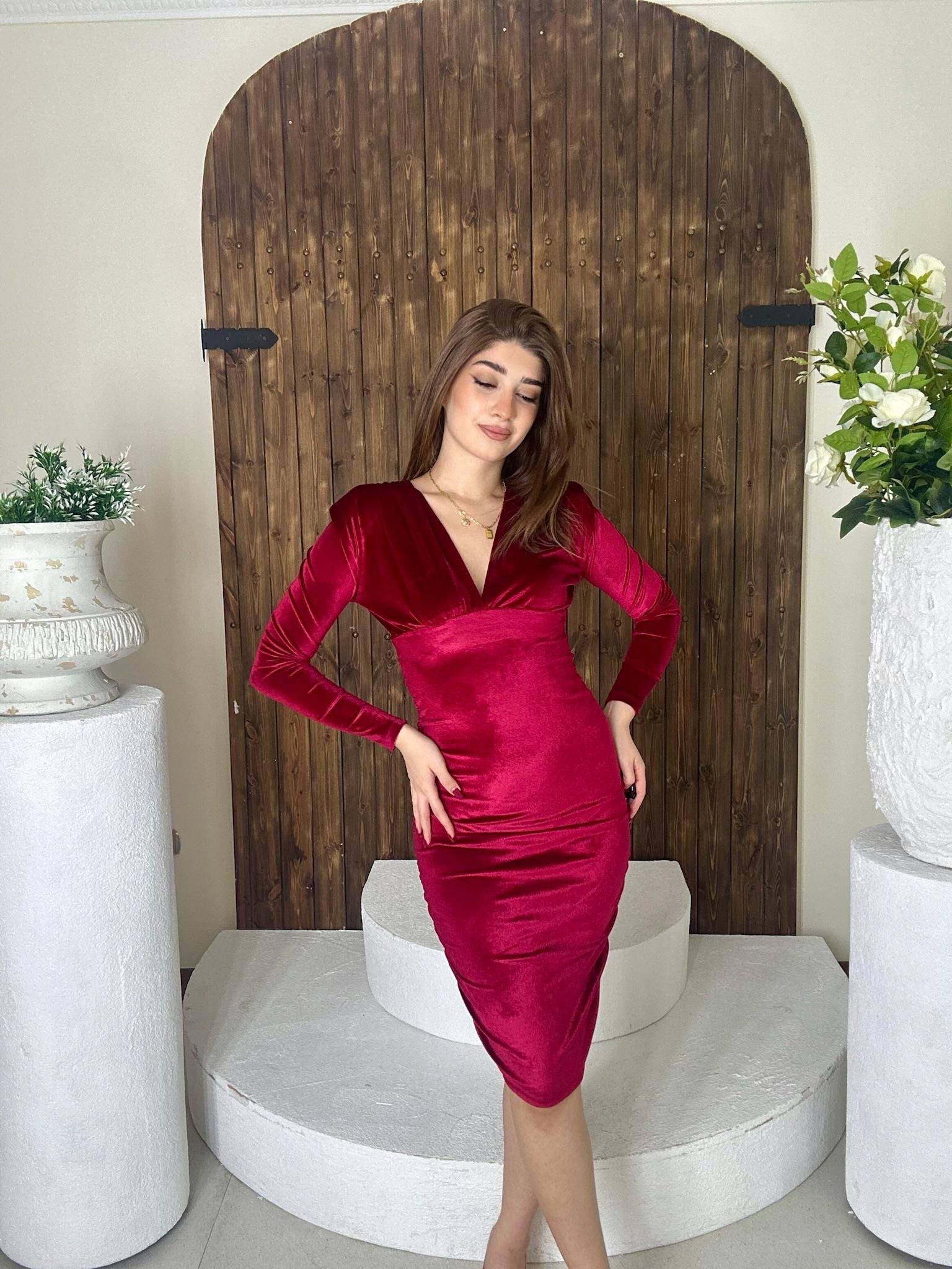 İnci Kadife Derin V Yaka Drapeli Uzun Kollu Tasarım Elbise Bordo