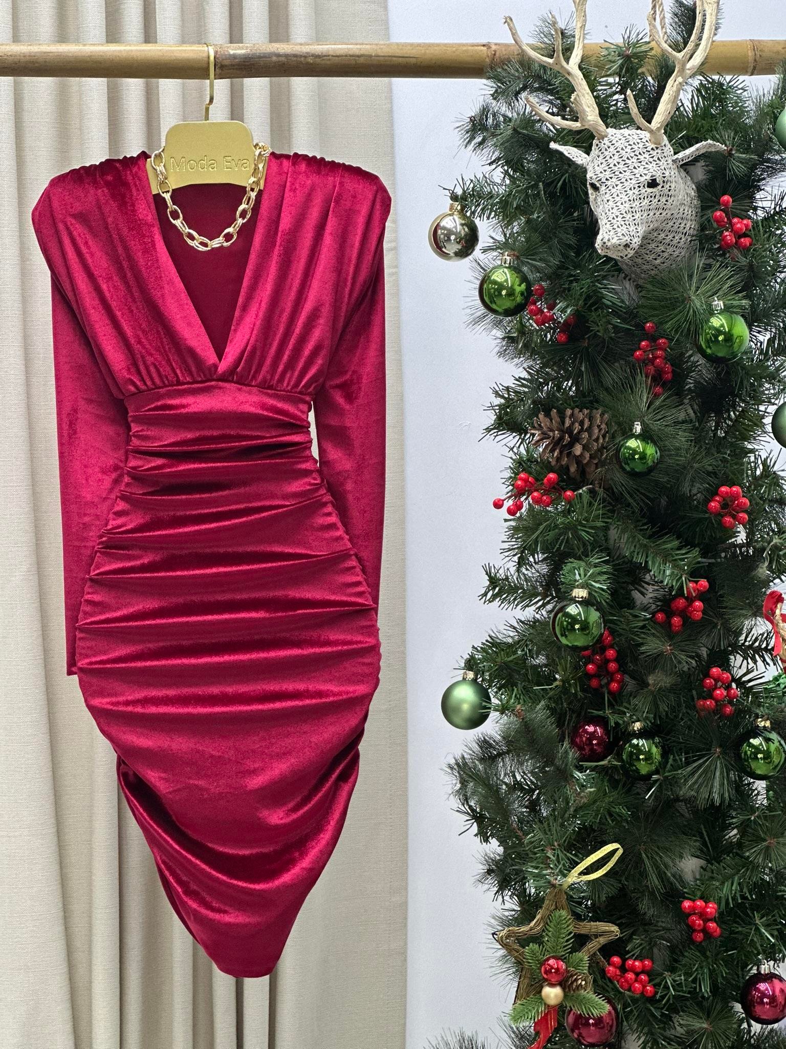 İnci Kadife Derin V Yaka Drapeli Uzun Kollu Tasarım Elbise Bordo