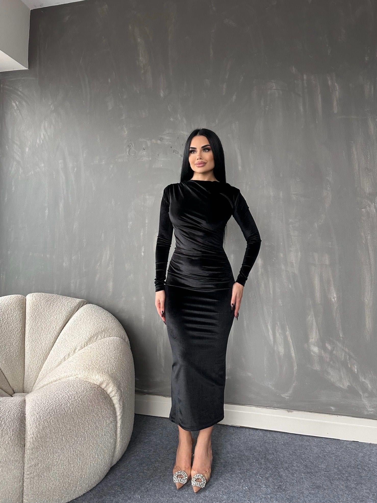 İnci Kadife Kumaş Drape Detaylı Uzun Tasarım Elbise 