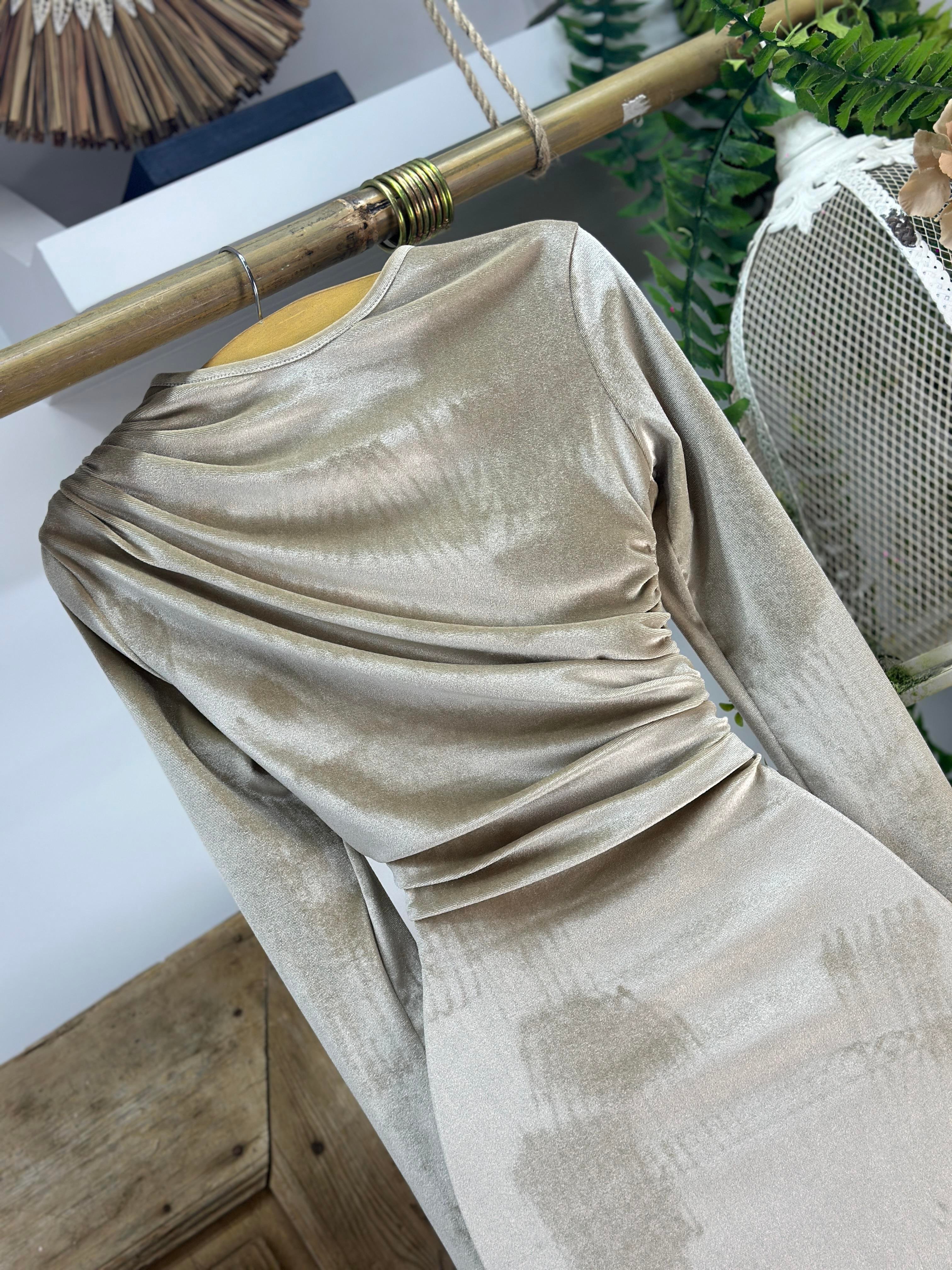 İnci Kadife Kumaş Drape Detaylı Uzun Tasarım Elbise 