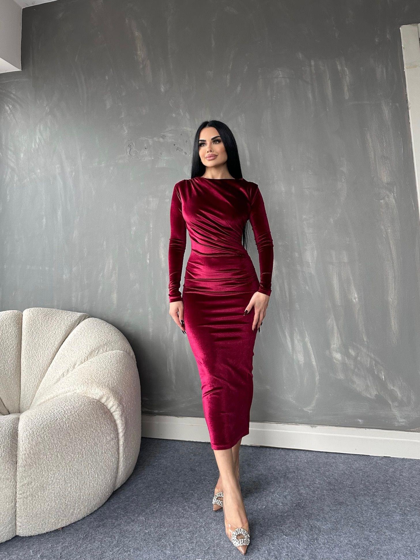 İnci Kadife Kumaş Drape Detaylı Uzun Tasarım Elbise 