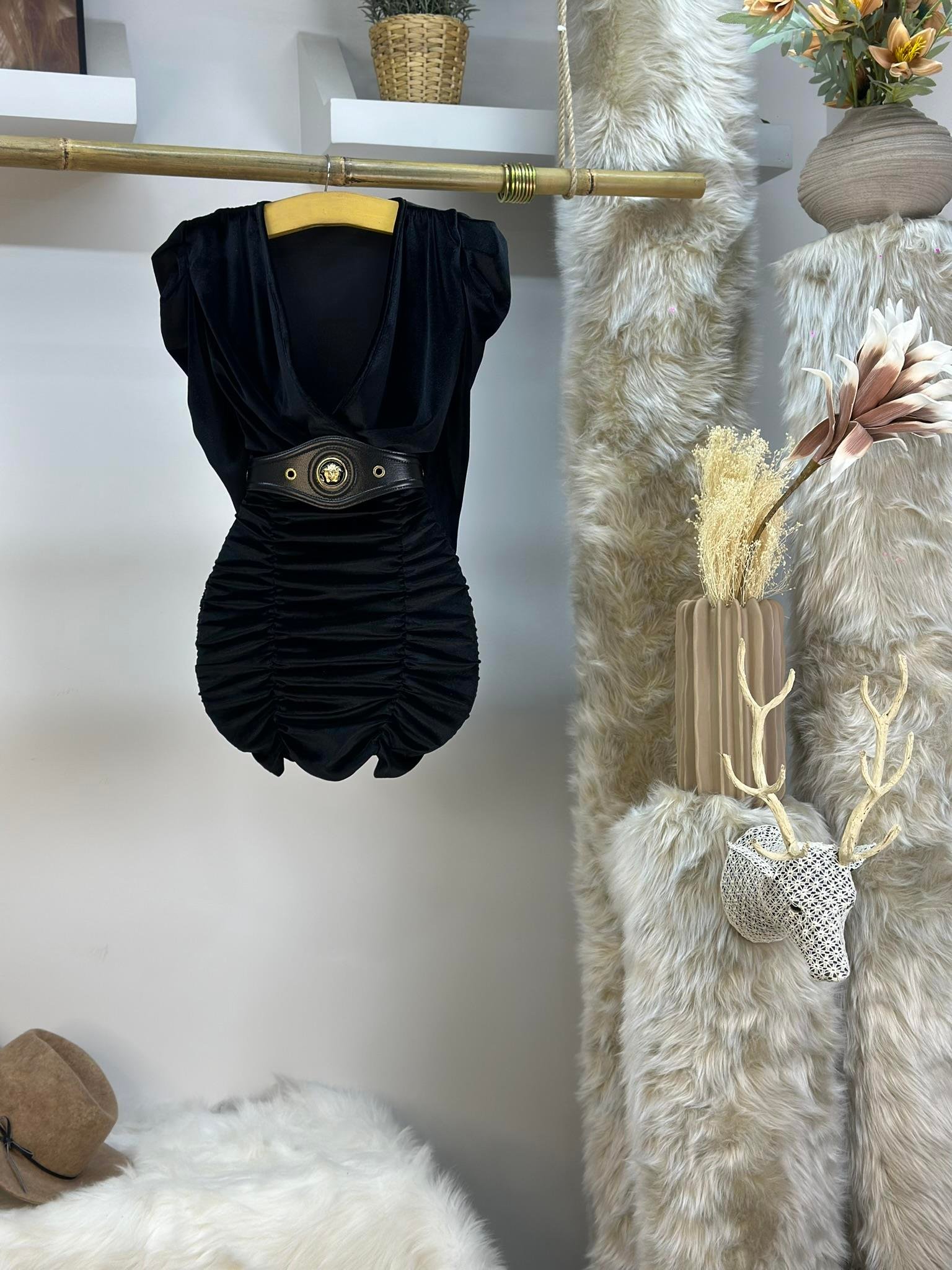 İnci Kadife Kumaş Drapeli Kaplama Kemerli Tasarım Elbise