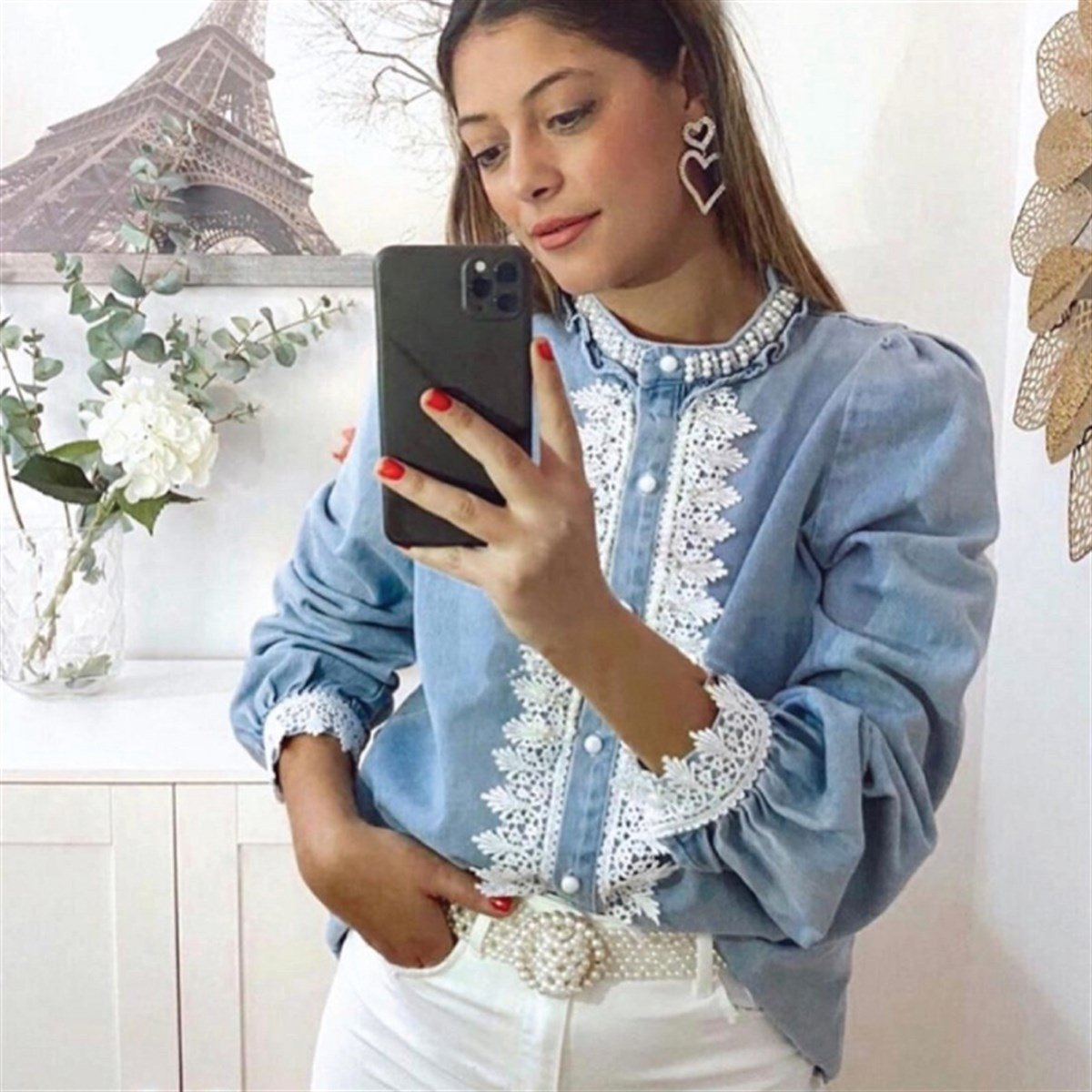 İNCİLİ GÜPÜRLÜ JEAN GÖMLEK
