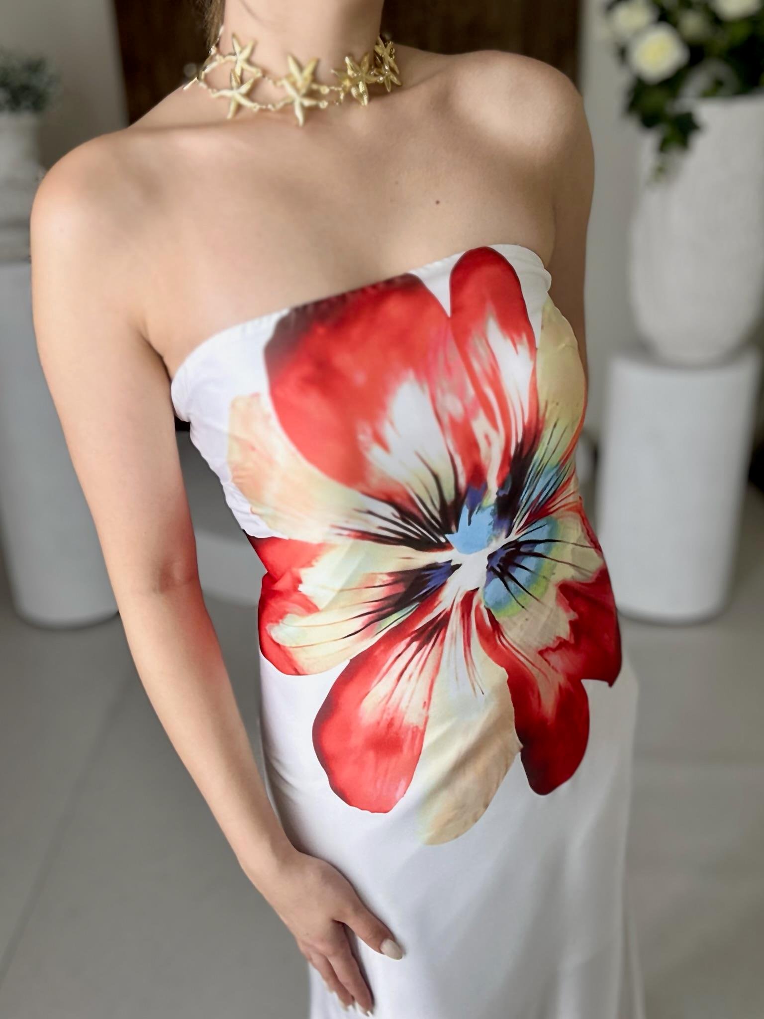 İpek Saten Kumaş Dijital Çiçek Desen Straplez Uzun Elbise Beyaz