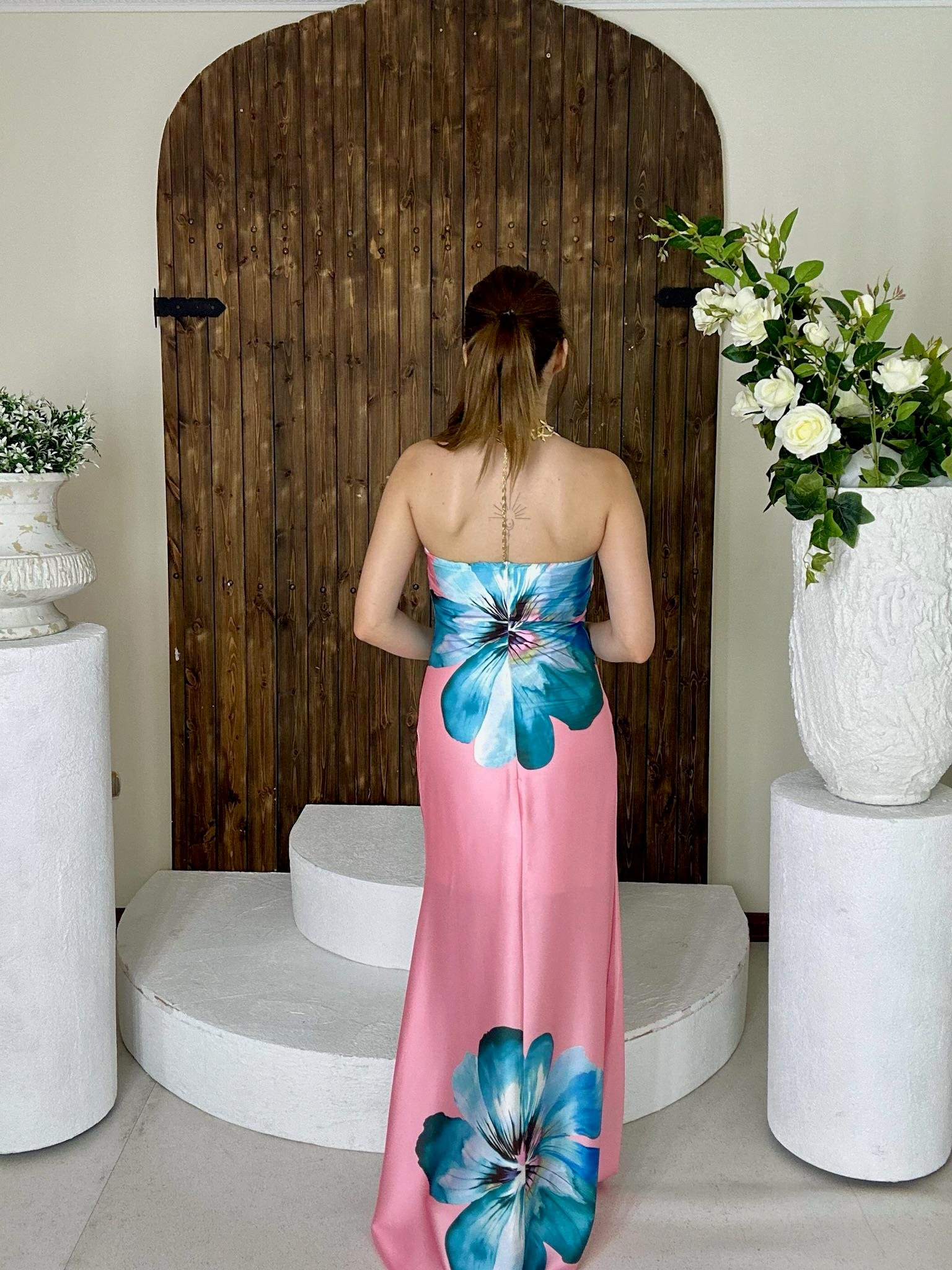 İpek Saten Kumaş Dijital Çiçek Desen Straplez Uzun Elbise Pudra