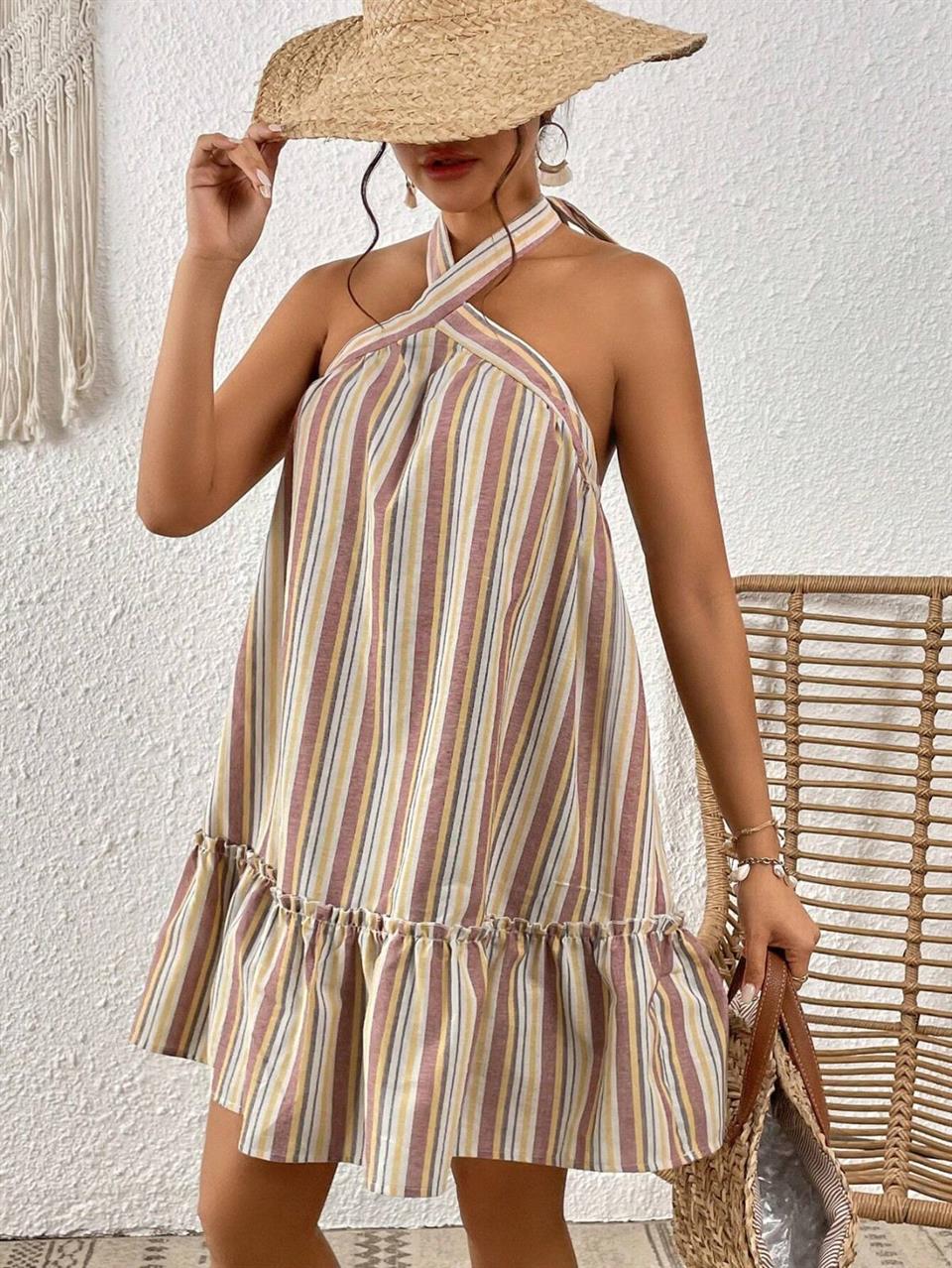 İthal Baskılı Keten Kumaş Çapraz Yaka Çizgi Desen SalaşElbise