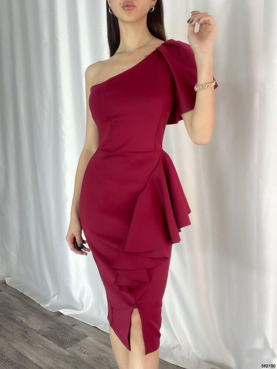 ithal Crep Dokuma Kumaş Tek Kol Volan Detay Kalem Elbise