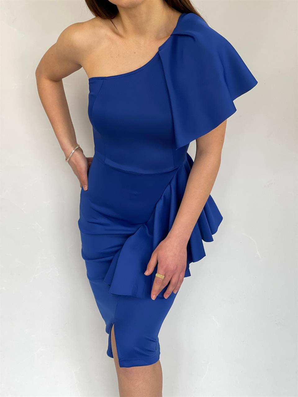 ithal Crep Dokuma Kumaş Tek Kol Volan Detay Kalem Elbise