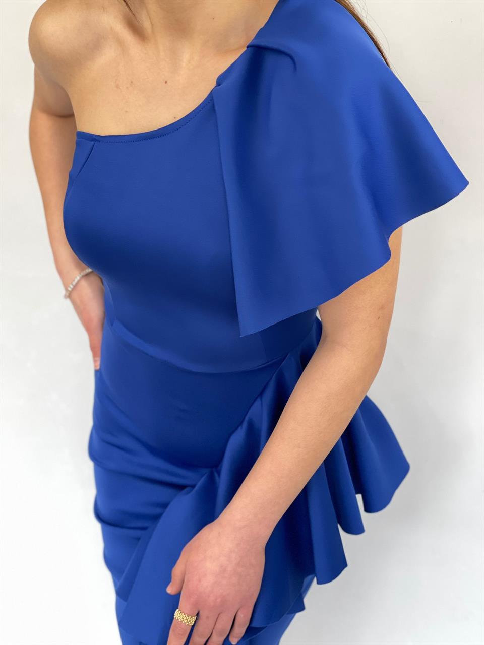 ithal Crep Dokuma Kumaş Tek Kol Volan Detay Kalem Elbise