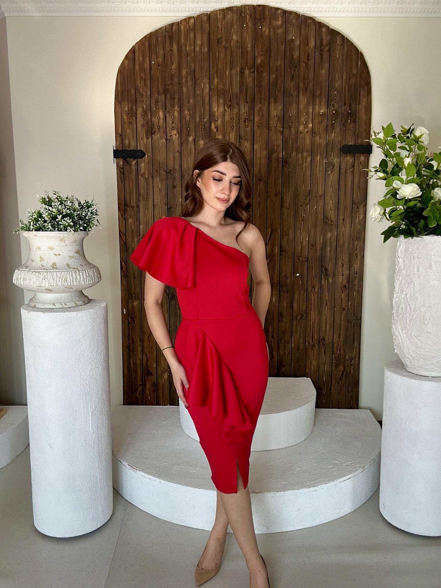 ithal Crep Dokuma Kumaş Tek Kol Volan Detay Kalem Elbise