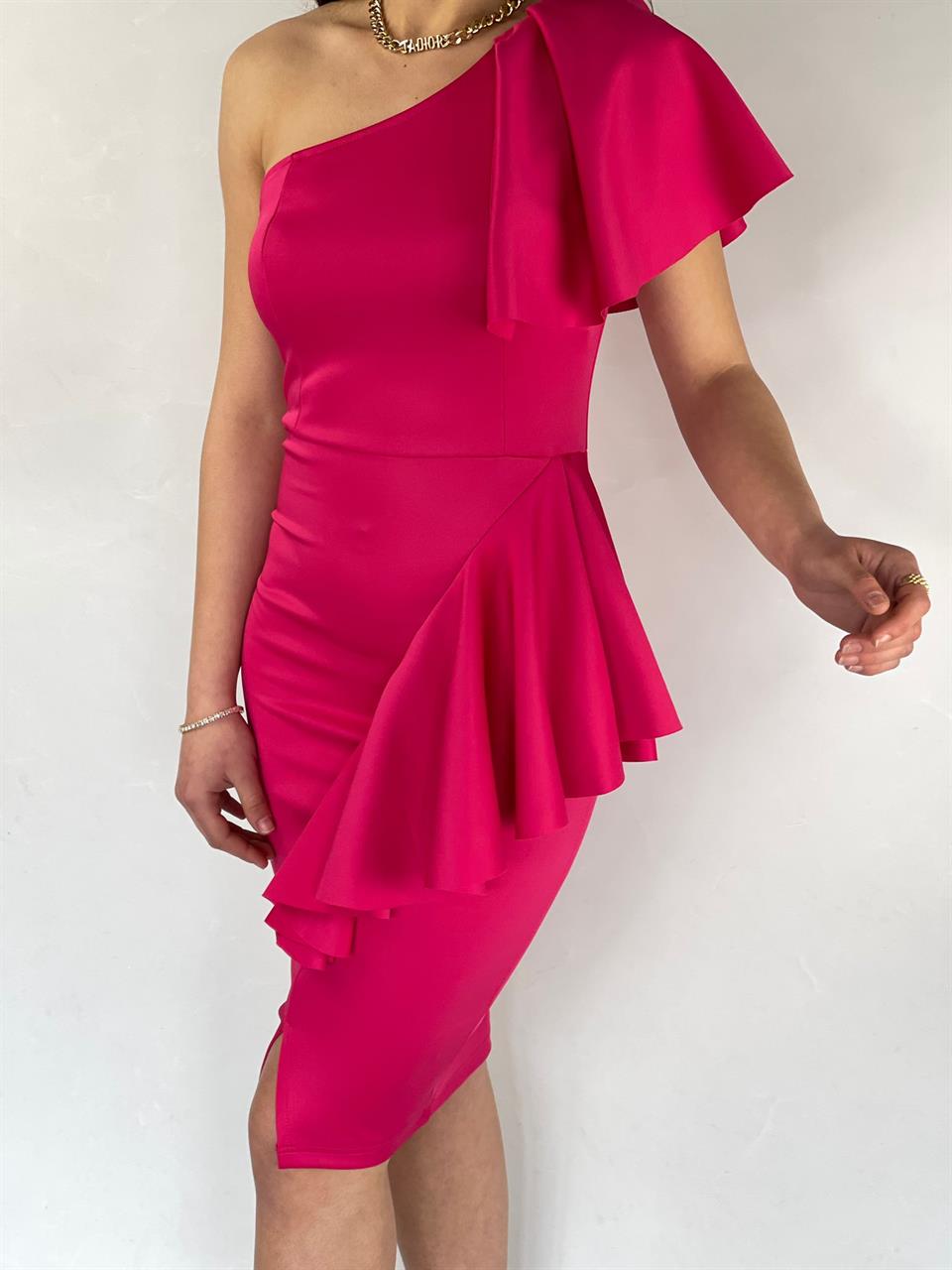 ithal Crep Dokuma Kumaş Tek Kol Volan Detay Kalem Elbise