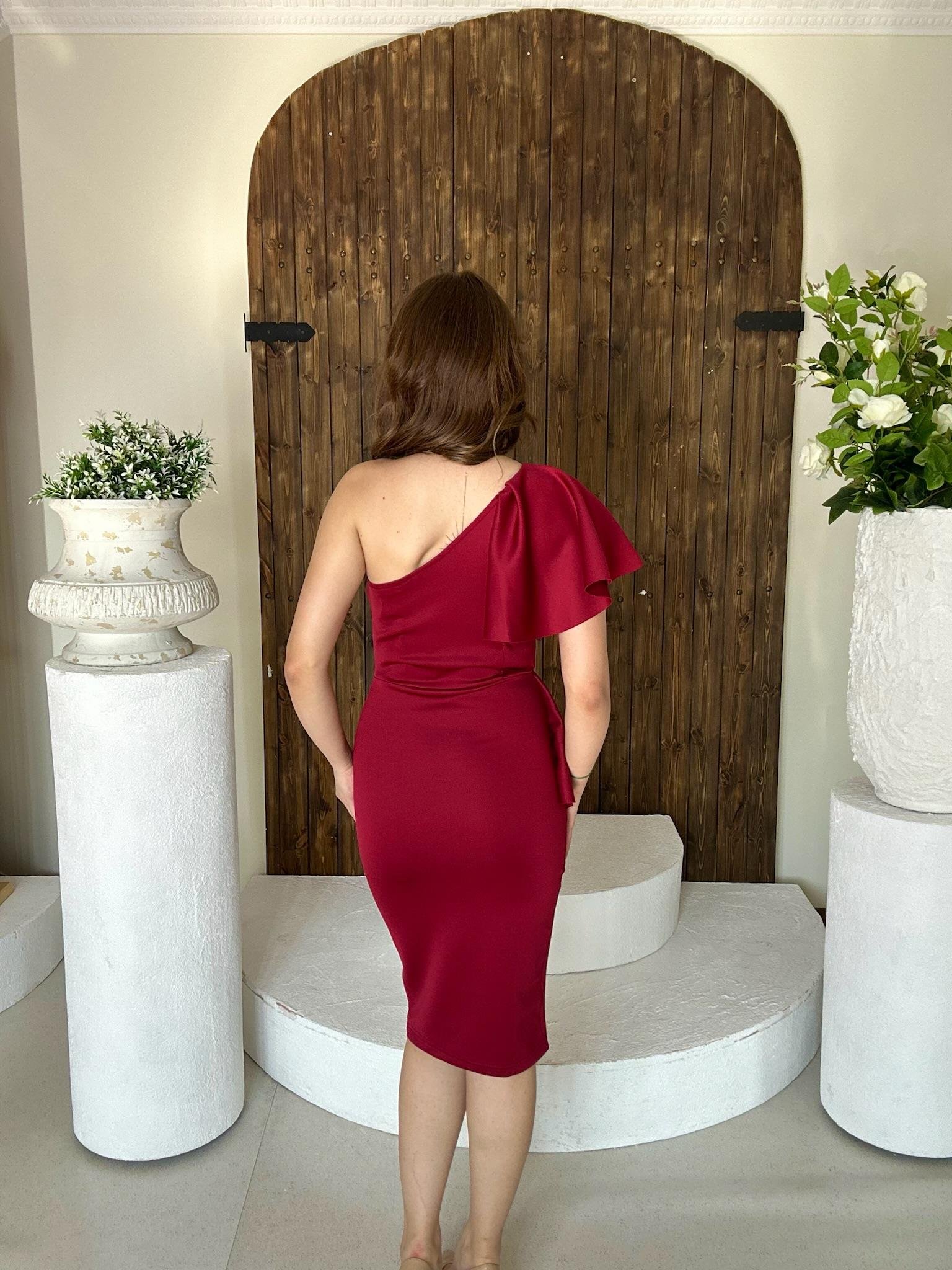 ithal Crep Dokuma Kumaş Tek Kol Volan Detay Kalem Elbise