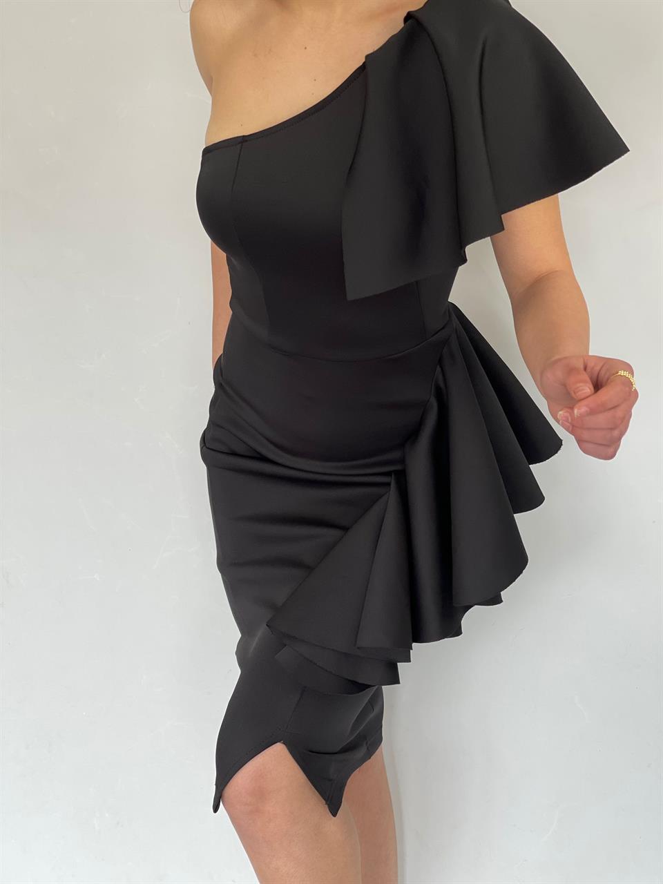 ithal Crep Dokuma Kumaş Tek Kol Volan Detay Kalem Elbise