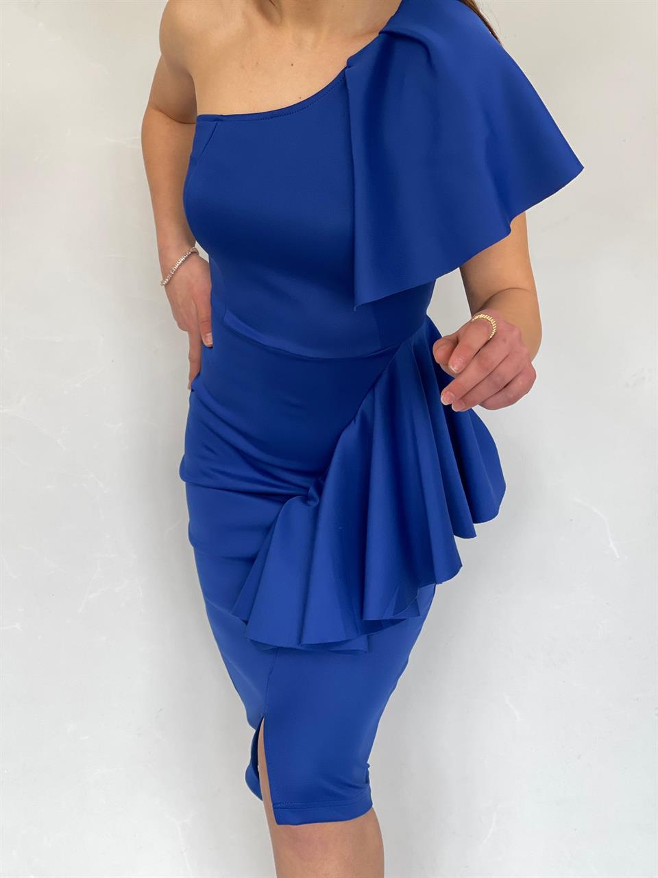 ithal Crep Dokuma Kumaş Tek Kol Volan Detay Kalem Elbise