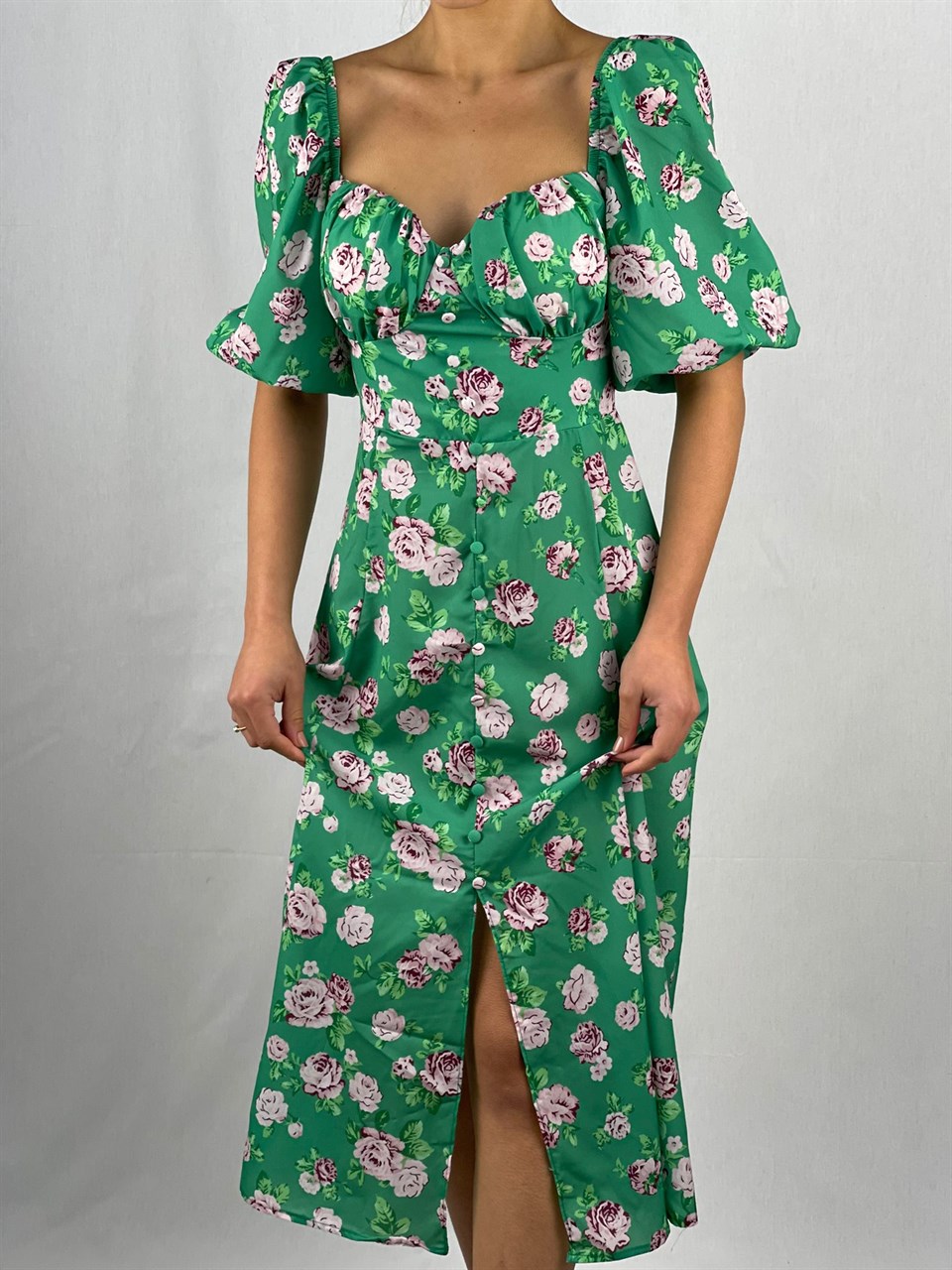 İthal Crep Kumaş Göğüs Büzgülü Elbise - Yeşil