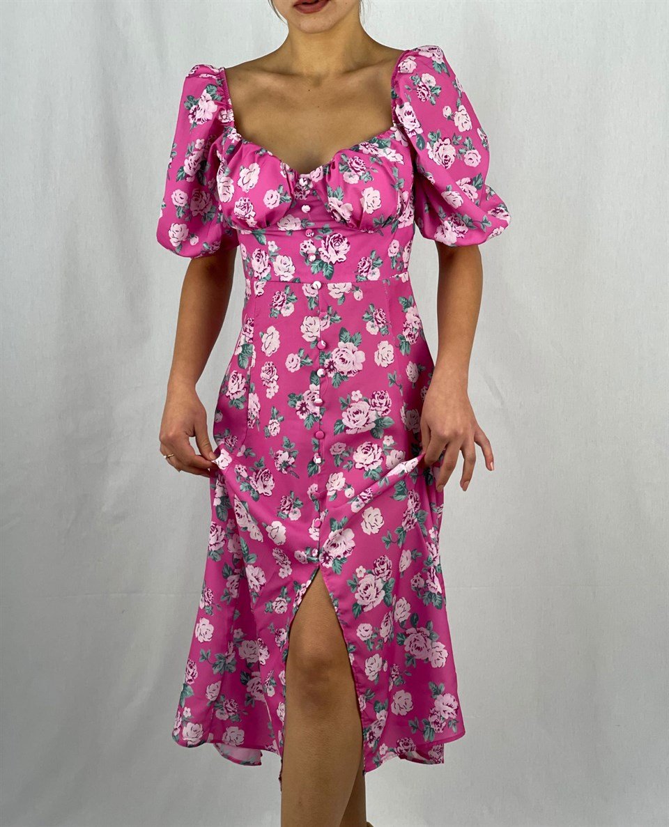 İthal Crep Kumaş Göğüs Büzgülü Elbise - Pembe