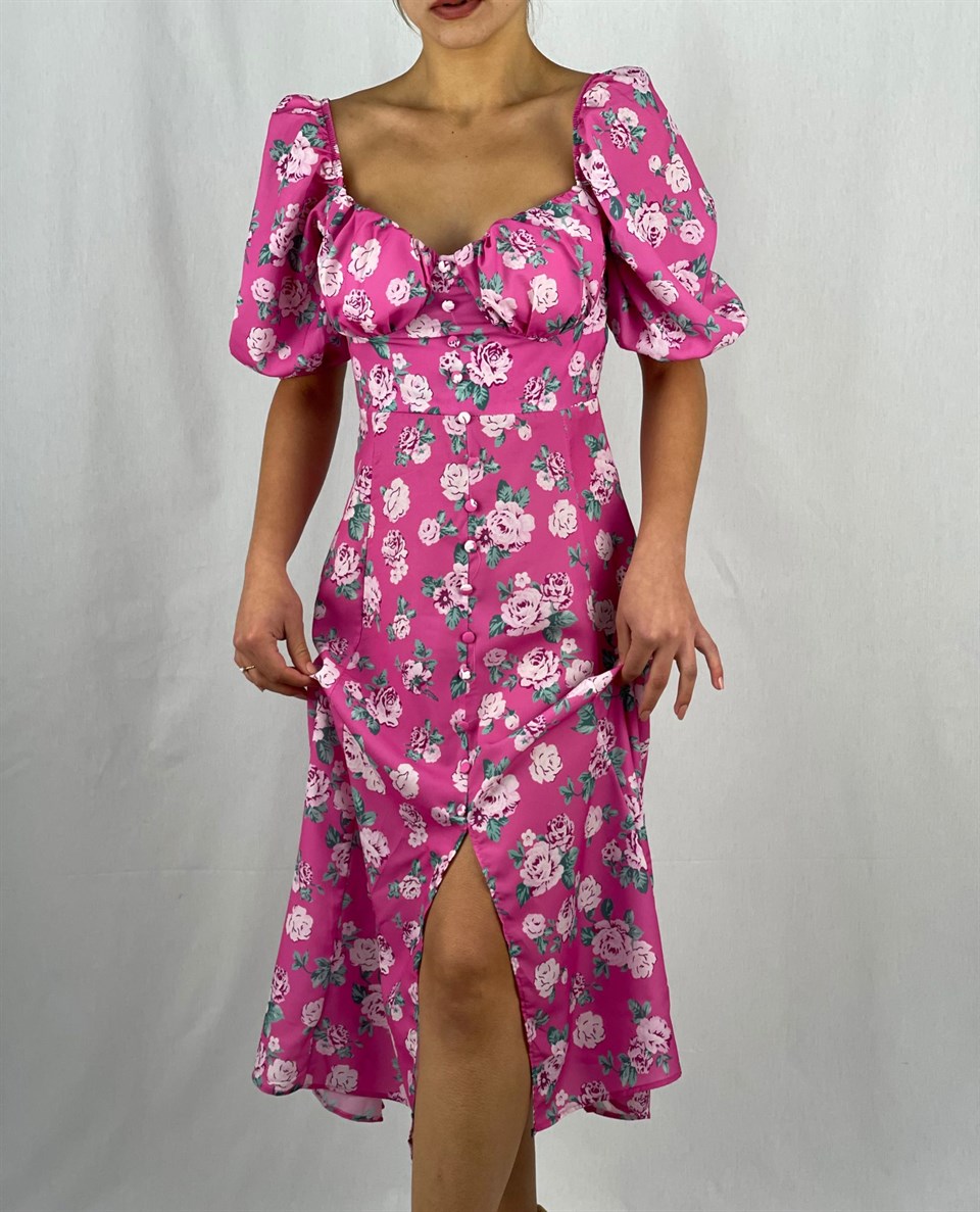 İthal Crep Kumaş Göğüs Büzgülü Elbise - Pembe