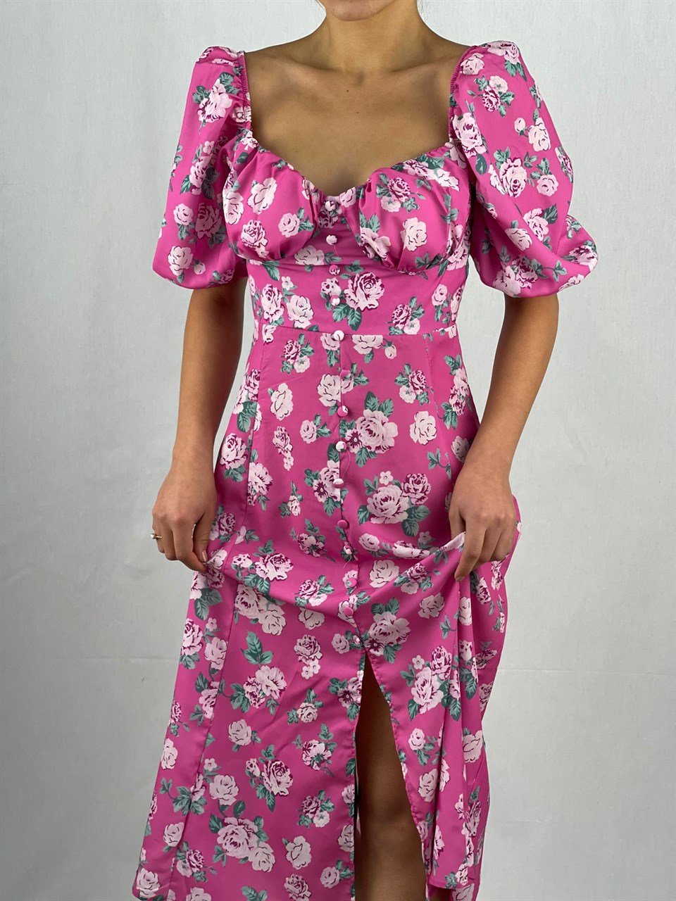 İthal Crep Kumaş Göğüs Büzgülü Elbise - Pembe