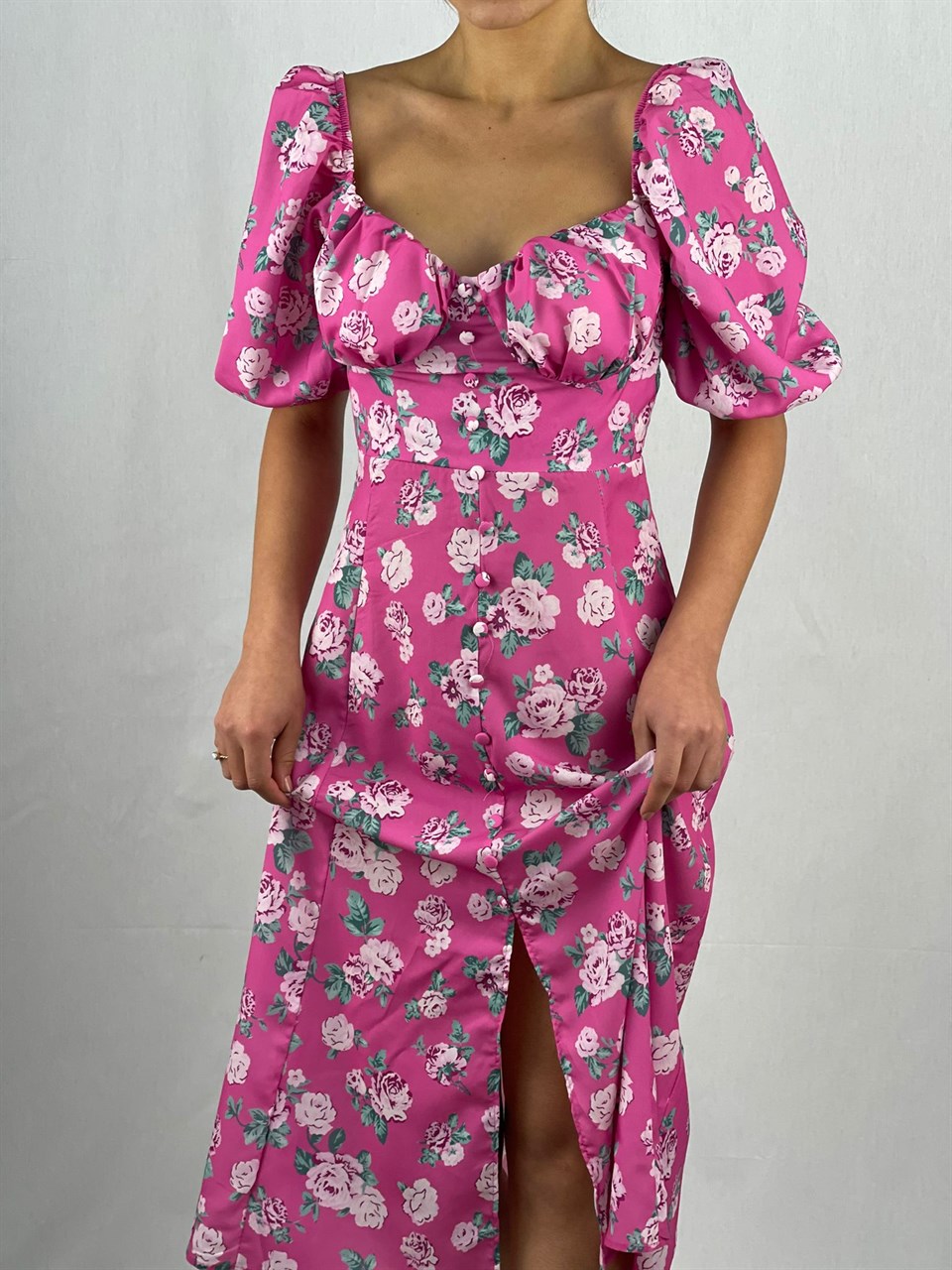 İthal Crep Kumaş Göğüs Büzgülü Elbise - Pembe