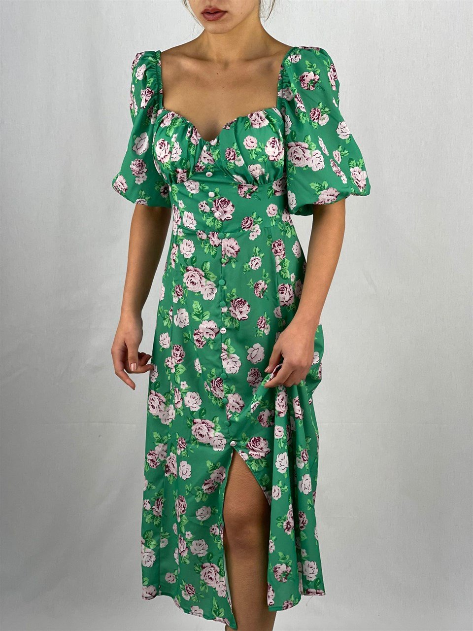 İthal Crep Kumaş Göğüs Büzgülü Elbise - Yeşil