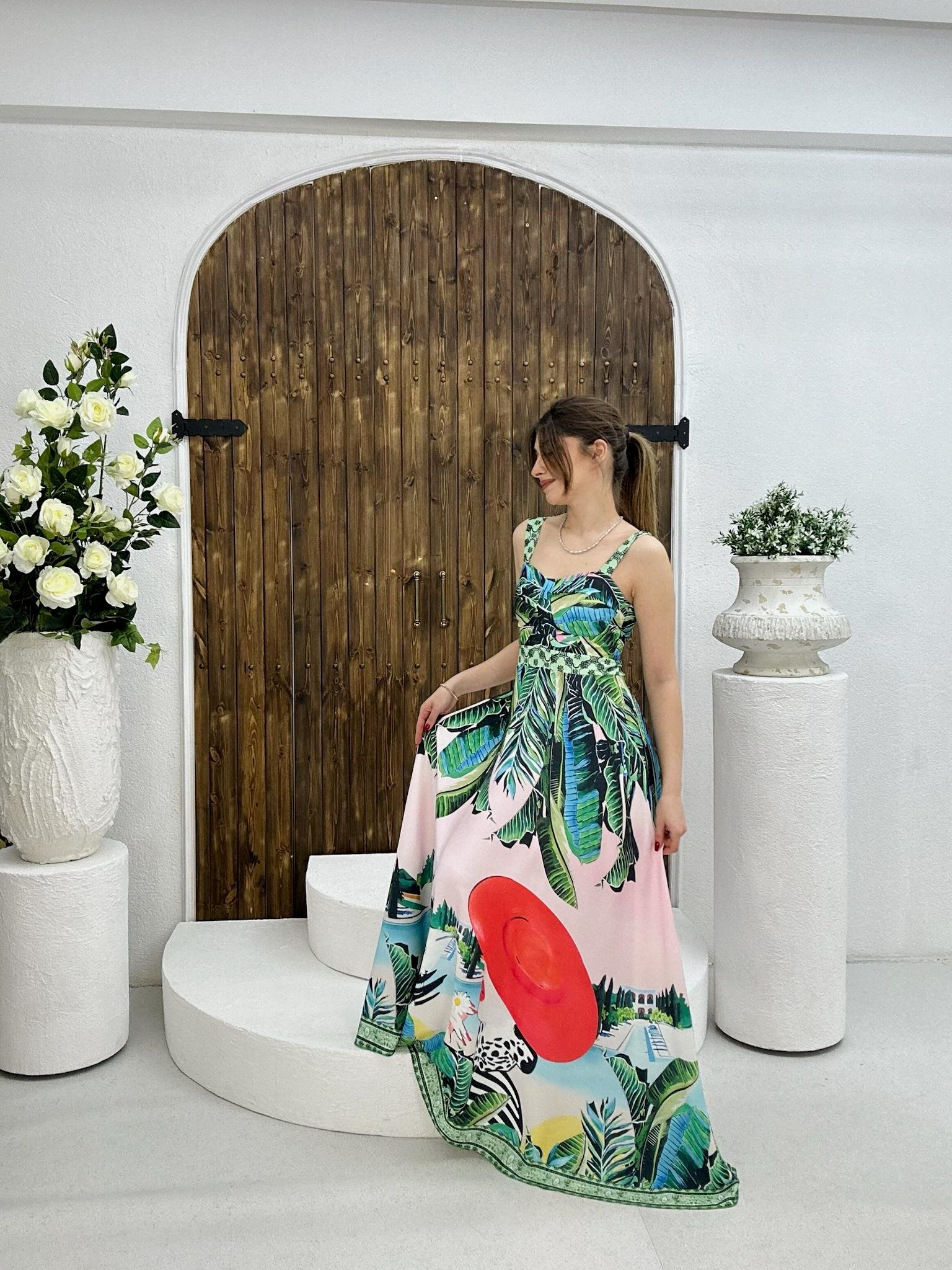 İthal Crep Kumaş Kalın Askılı Astarlı Premium Kloş Elbise