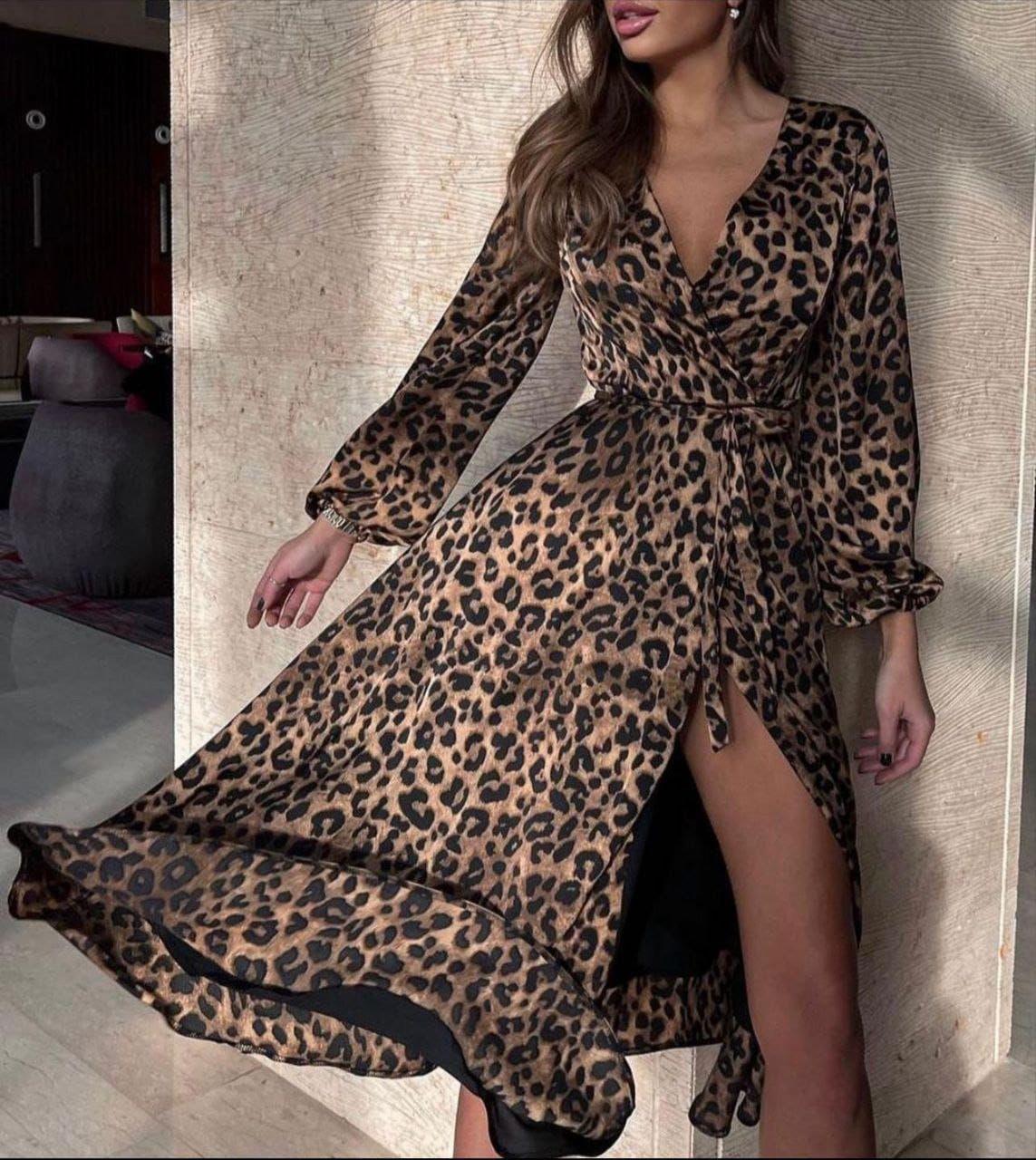 İthal Crep Kumaş Leopar Desen Anvalop Uzun Elbise 