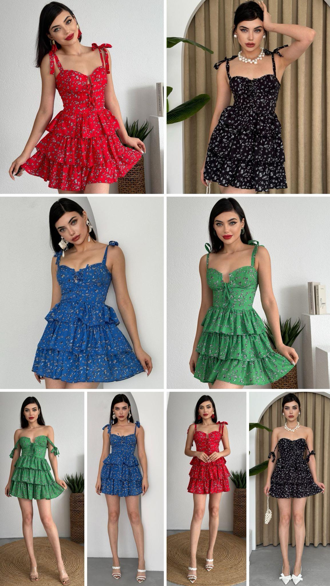 İthal Crep Kumaş Omuzlar Bağlamalı Kat Etekli Tasarım Elbise