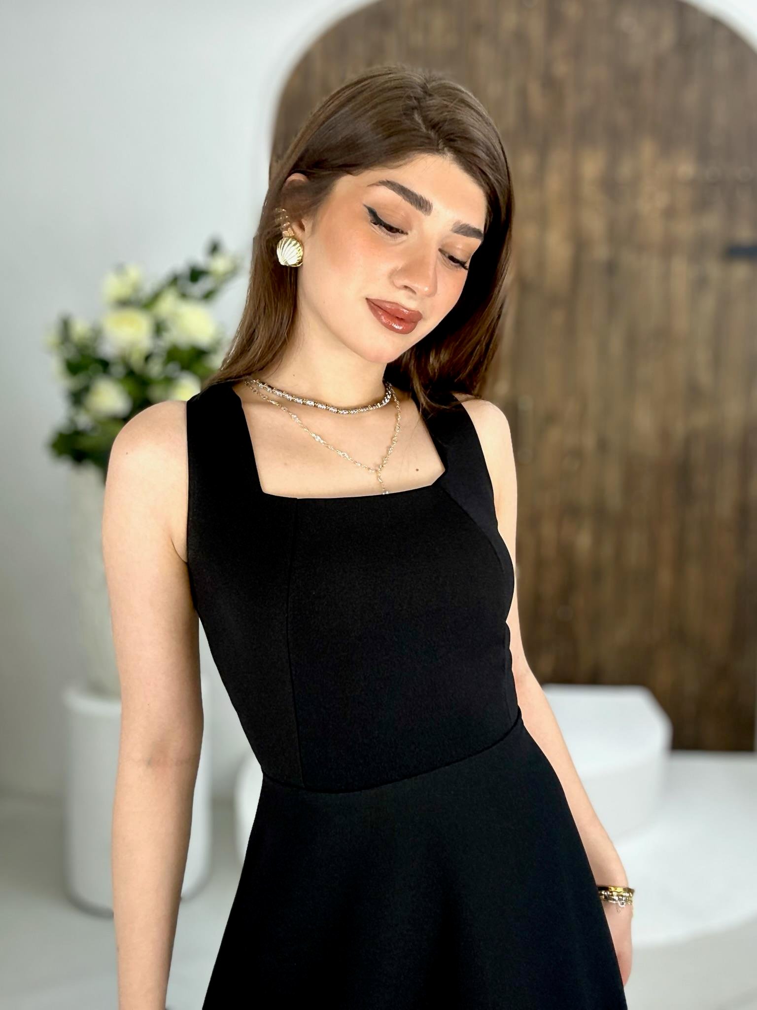 İthal Crep  Kumaş Puantiye Çiçek Desen Lazer Kesim Midi Boy Elbise 