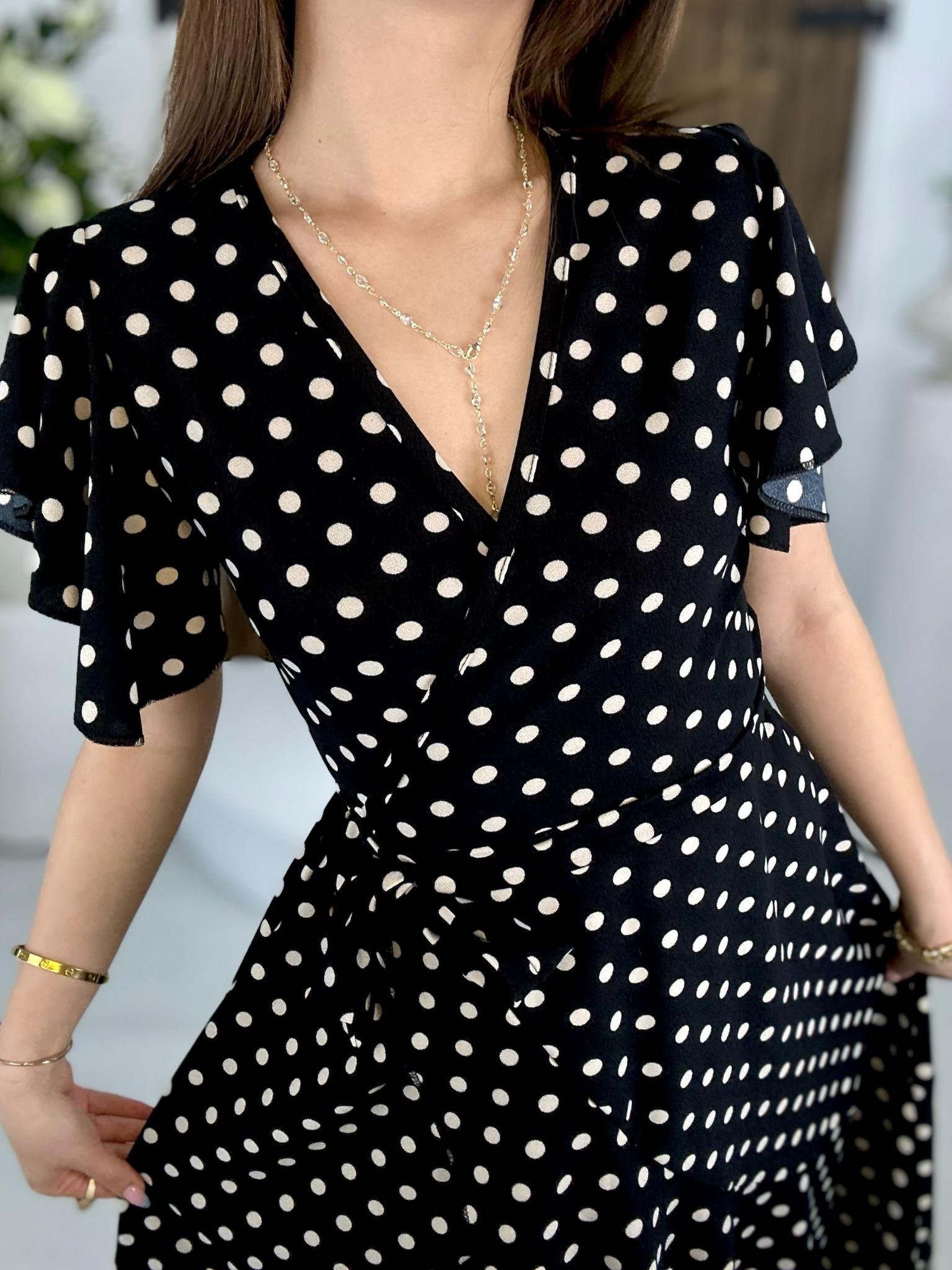 İthal Crep Kumaş Puantiye Desen Midi Boy Elbise