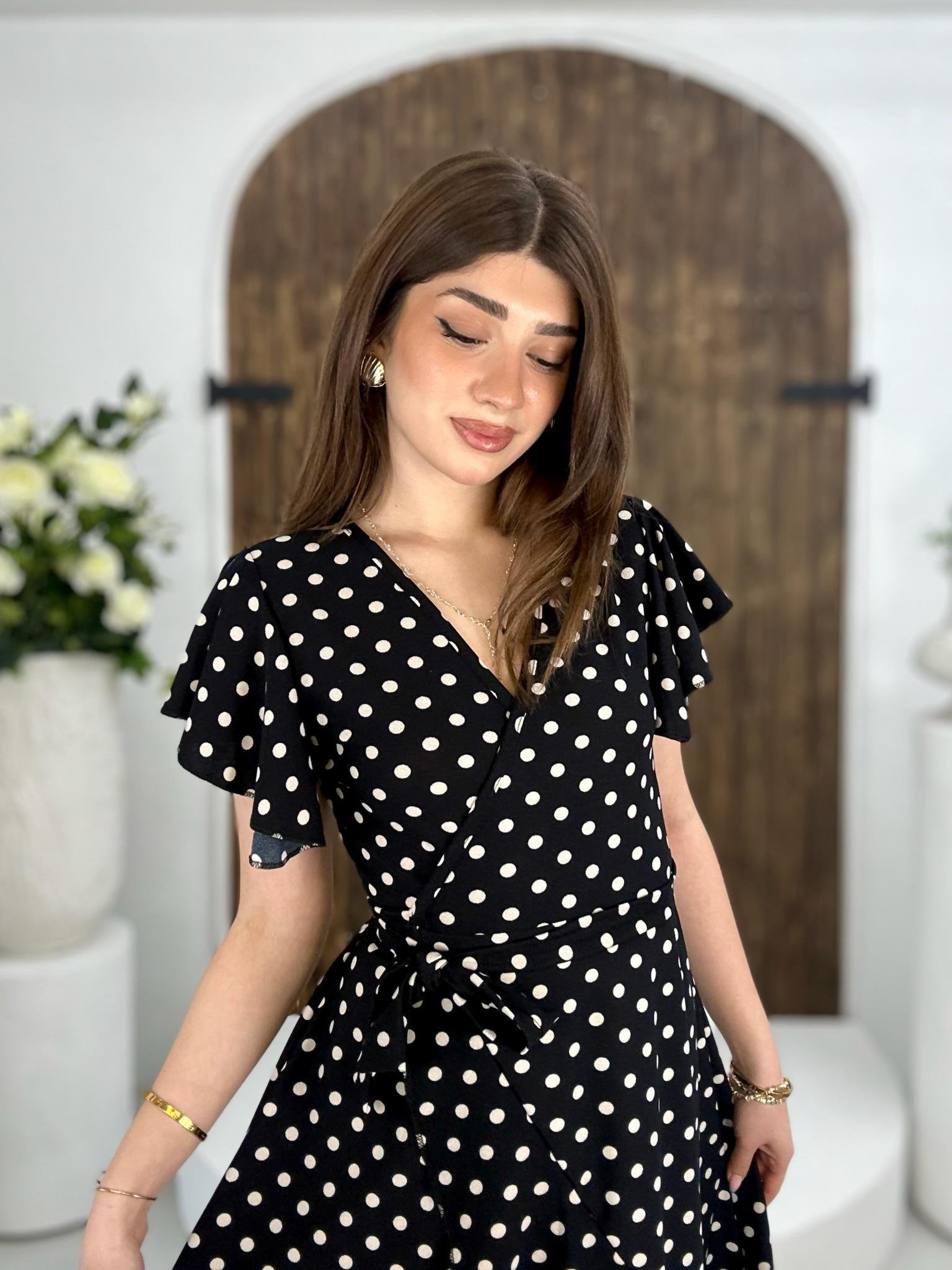 İthal Crep Kumaş Puantiye Desen Midi Boy Elbise