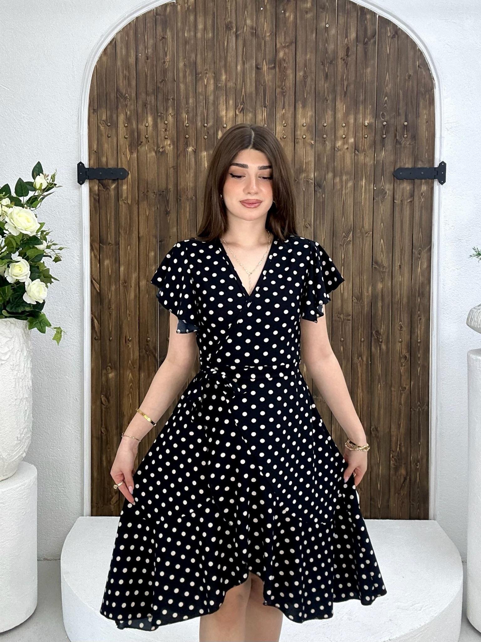 İthal Crep Kumaş Puantiye Desen Midi Boy Elbise