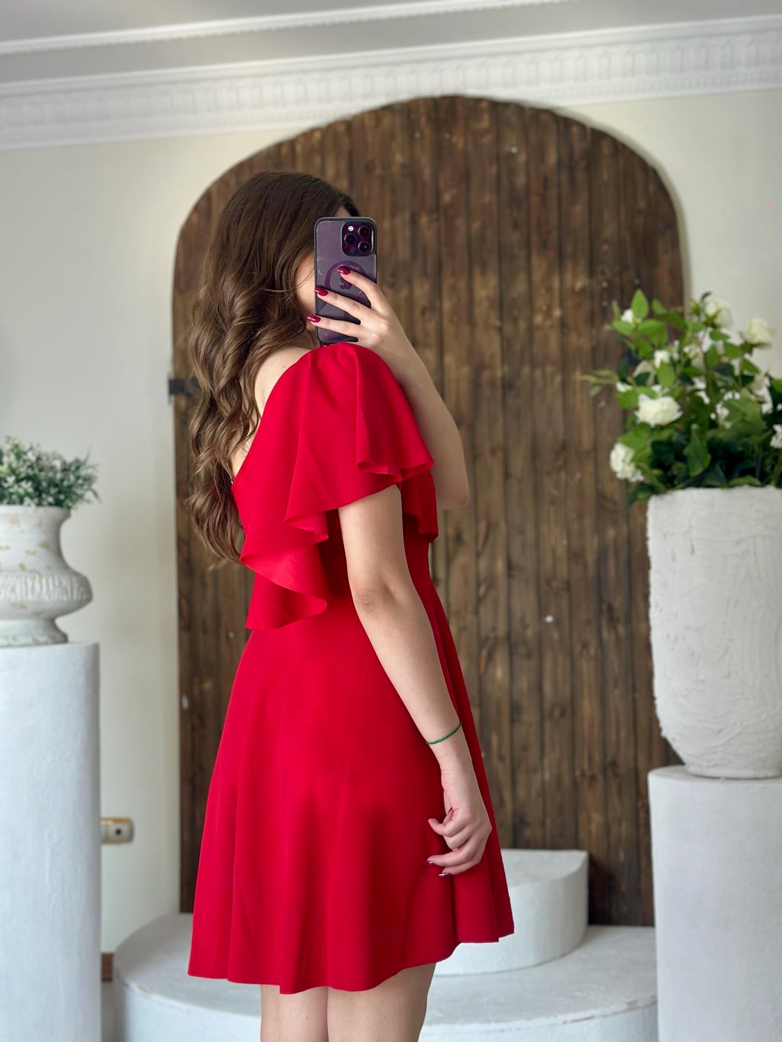 İthal Crep Kumaş Tek Omuz Pelerin Detay Elbise