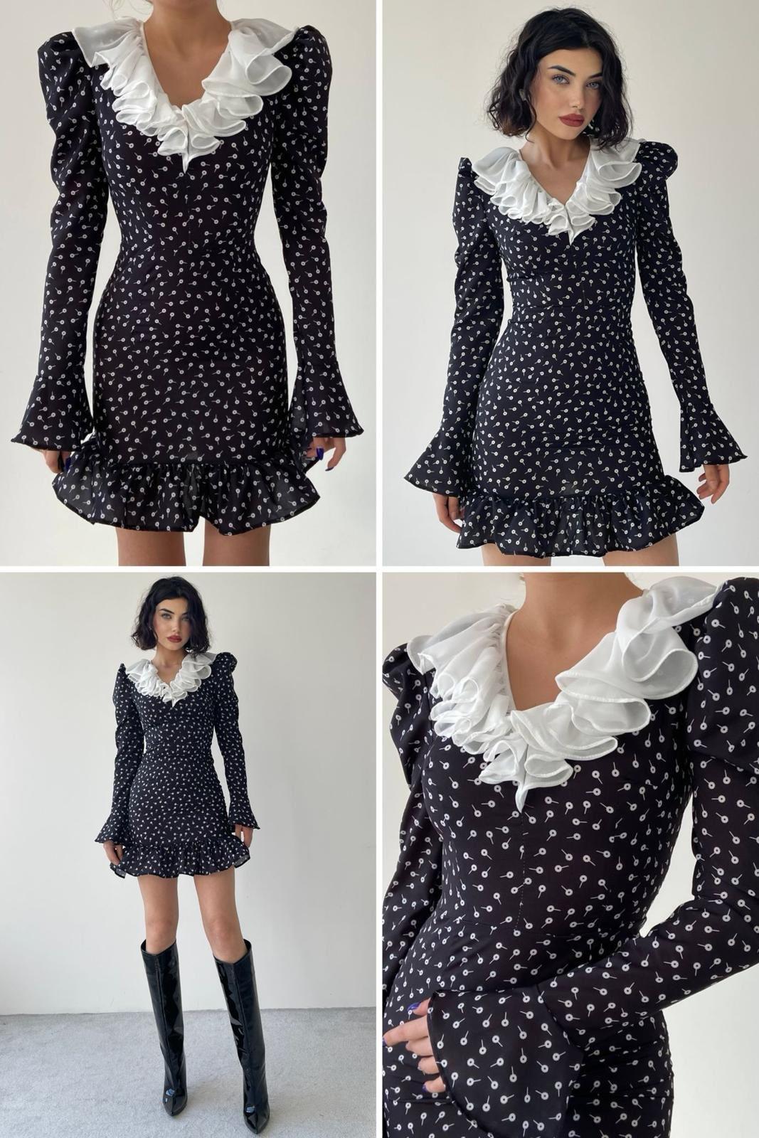 İthal Crep Kumaş Yaka Tül Fırfırlı Tasarım Siyah Elbise 