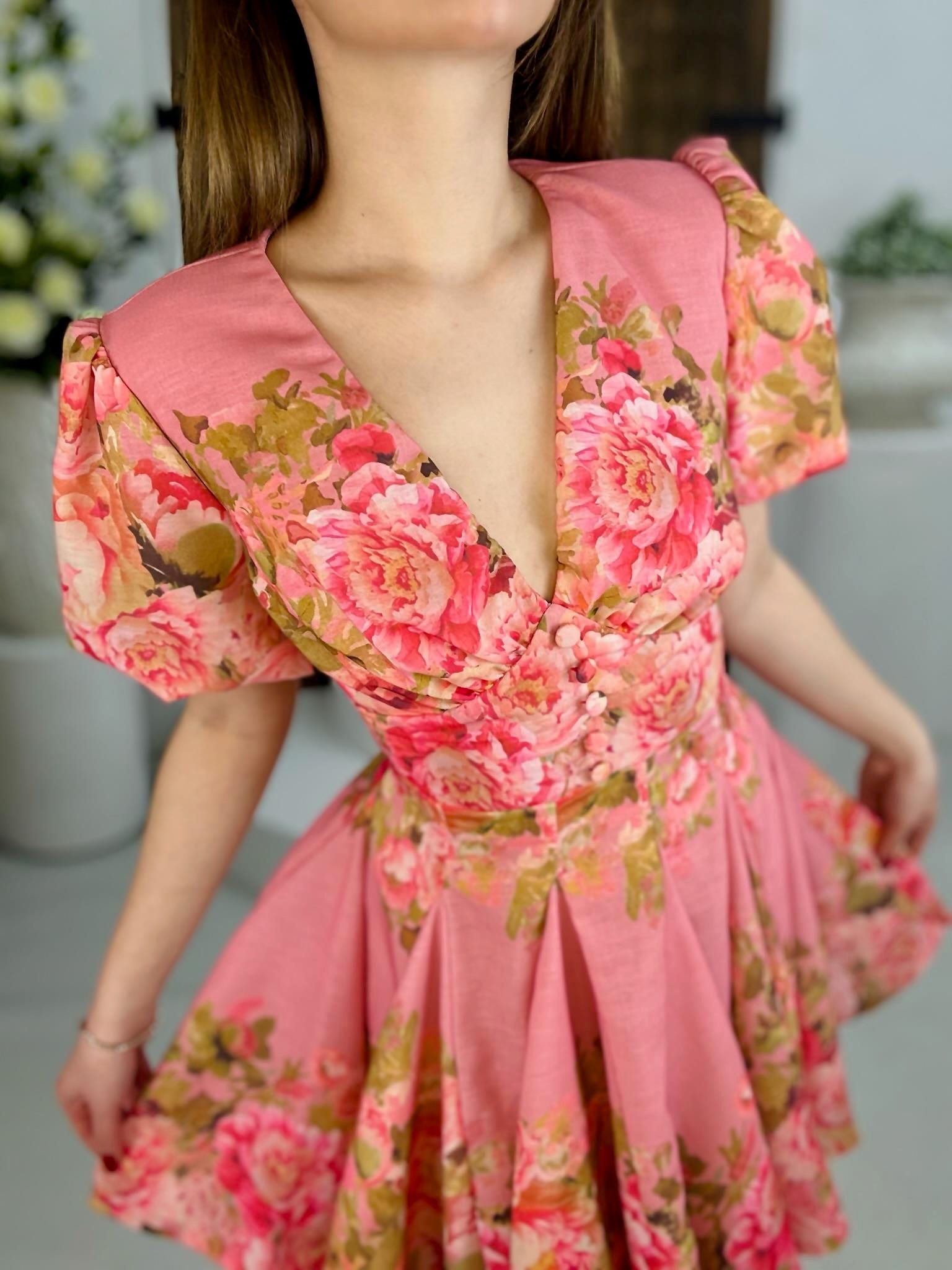 İthal Ham Keten Kumaş Balon Kol Kaplama Düğmeli Tasarım Elbise