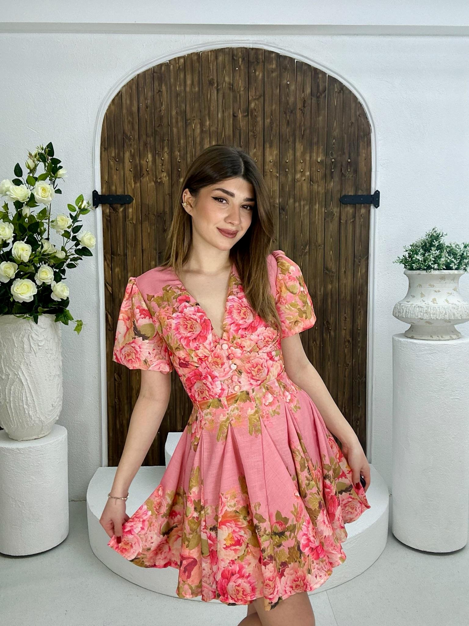 İthal Ham Keten Kumaş Balon Kol Kaplama Düğmeli Tasarım Elbise