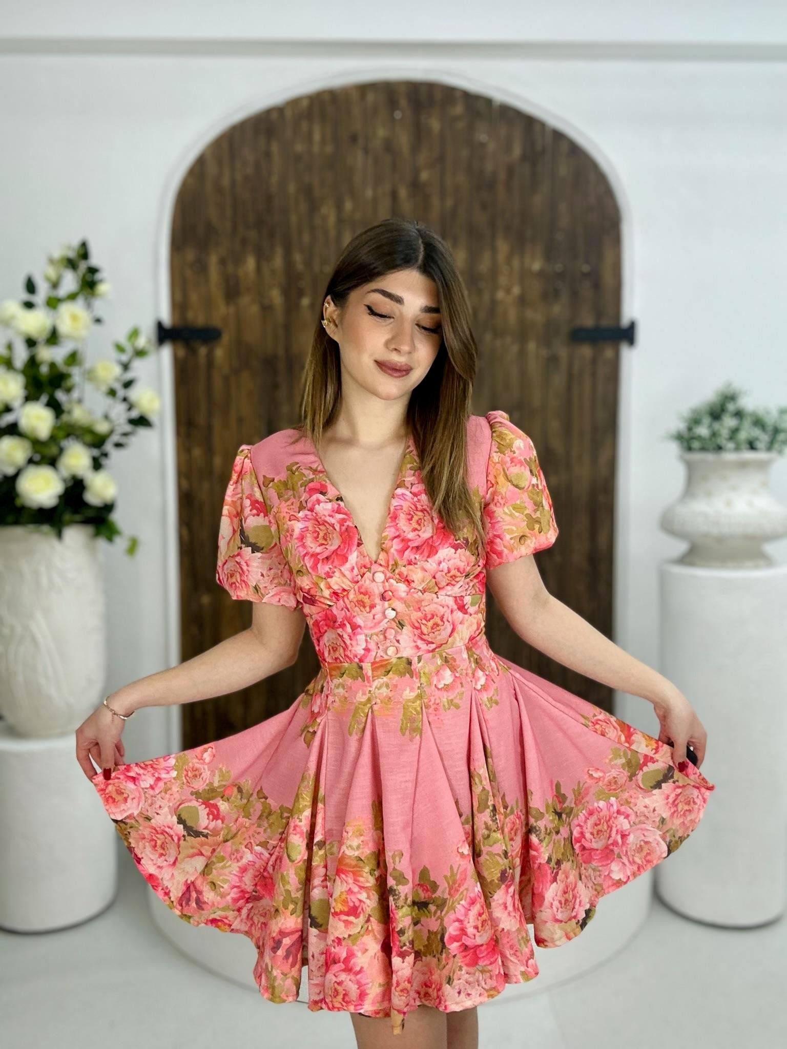 İthal Ham Keten Kumaş Balon Kol Kaplama Düğmeli Tasarım Elbise