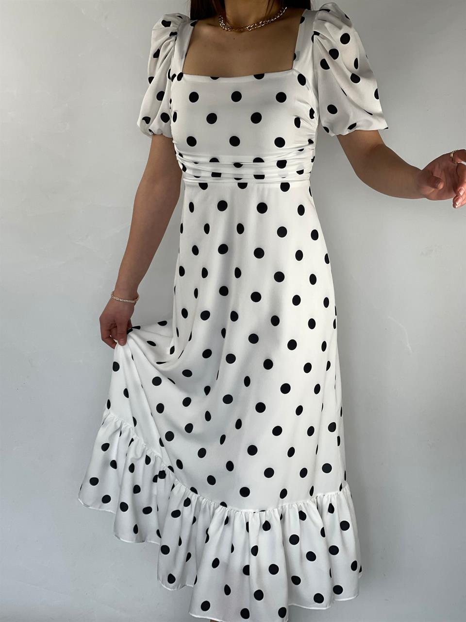 İthal Jenifer Crep Kumaş Kare Yaka Puantiye Desen Midi Boy Elbise