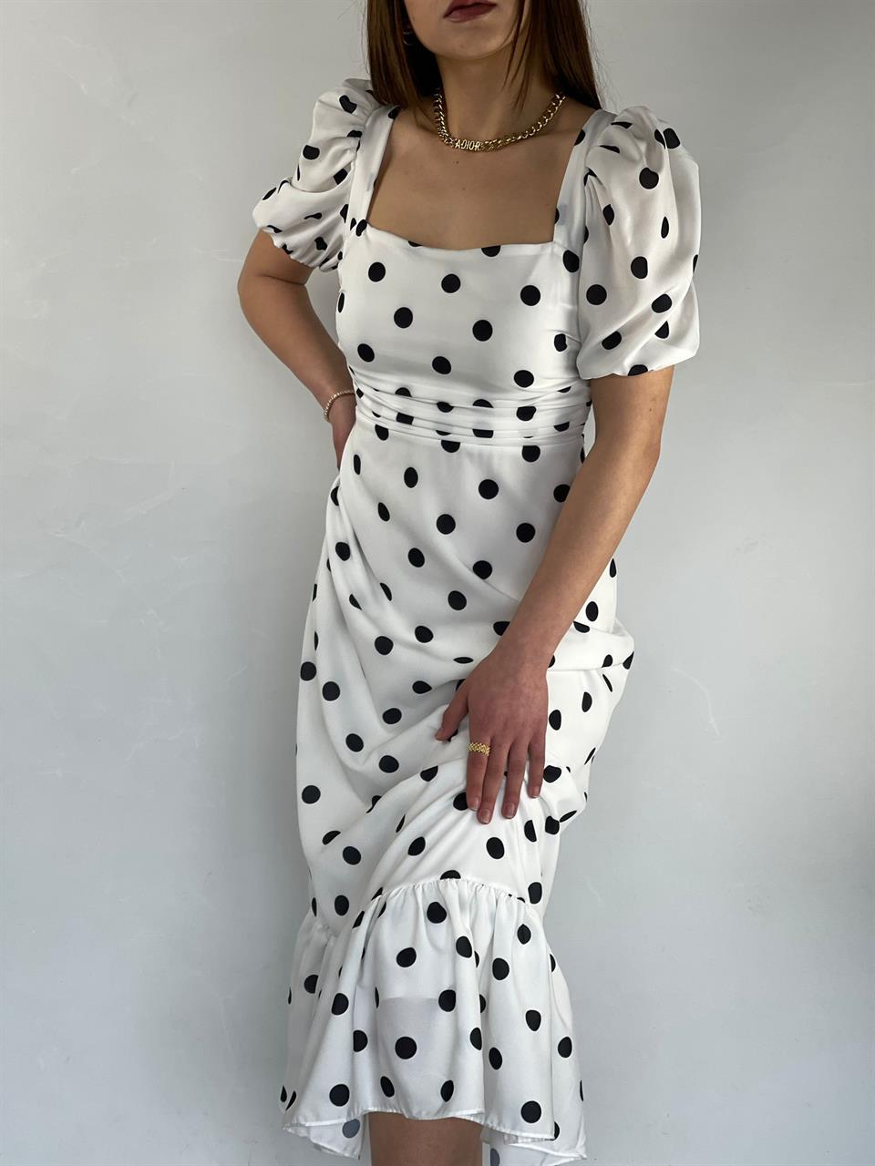 İthal Jenifer Crep Kumaş Kare Yaka Puantiye Desen Midi Boy Elbise