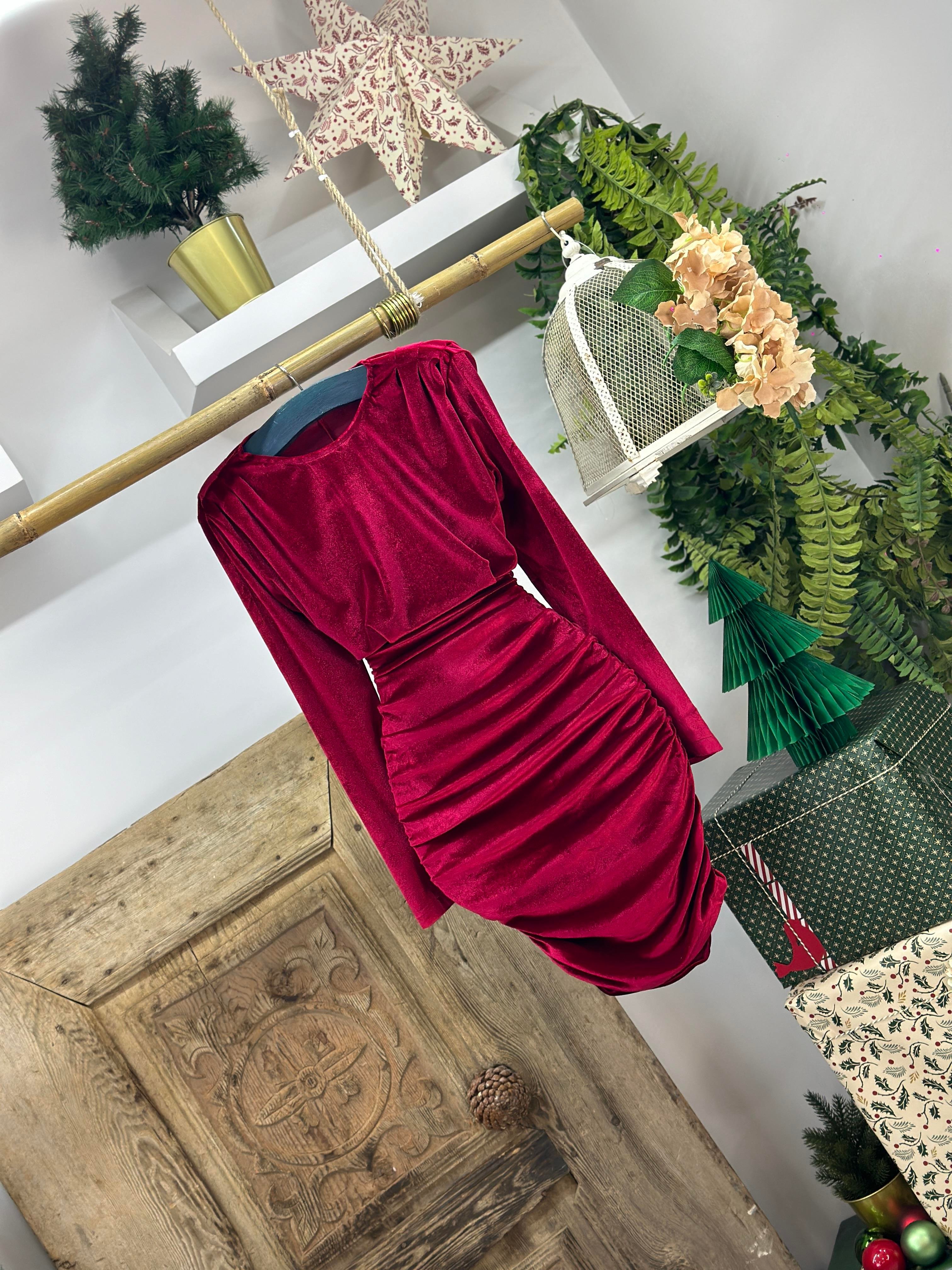 İthal Kadife Kumaş Drapeli Tasarım Elbise