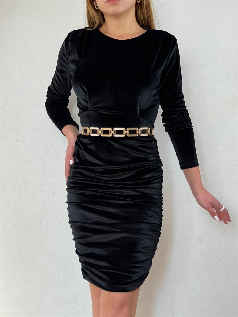 İthal Kadife Kumaş Drapeli Tasarım Elbise