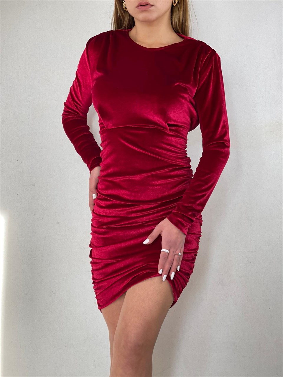 İthal Kadife Kumaş Drapeli Tasarım Elbise