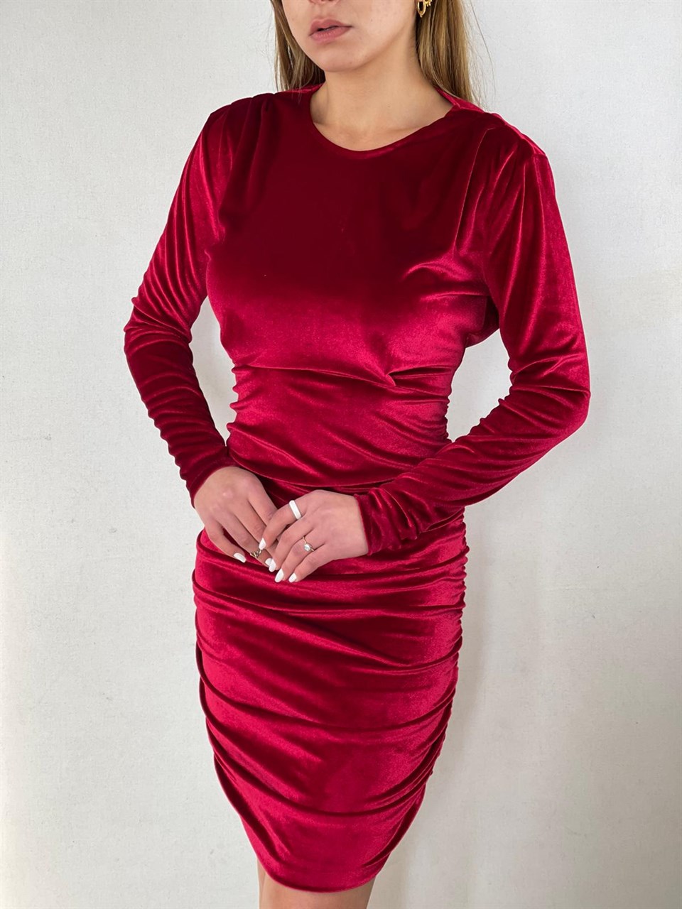 İthal Kadife Kumaş Drapeli Tasarım Elbise