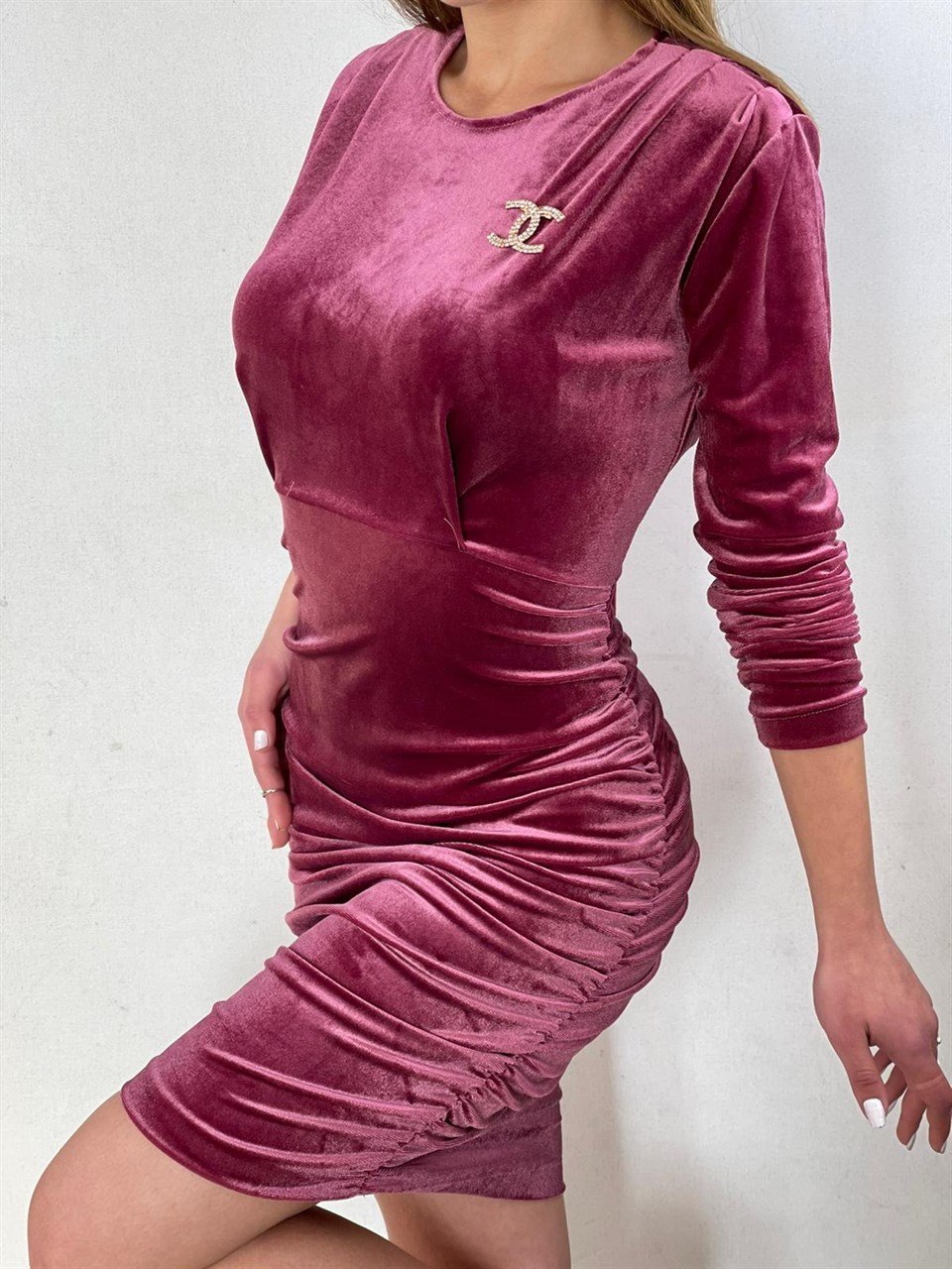 İthal Kadife Kumaş Drapeli Tasarım Elbise