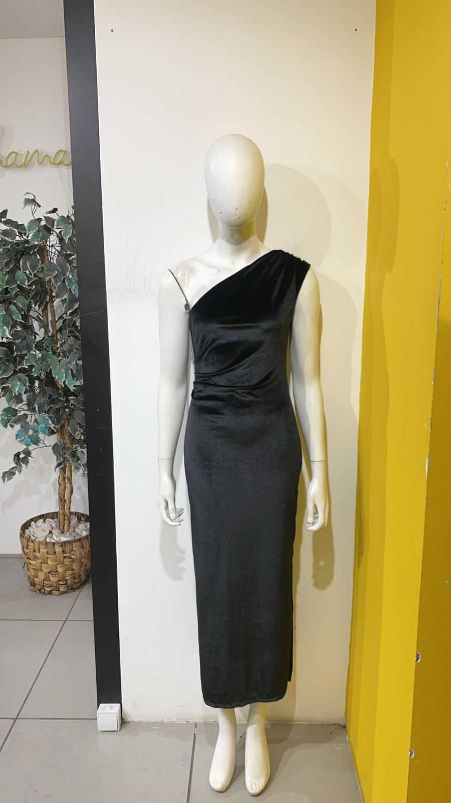 İthal Kadife Kumaş Tek Omuz Detay Kalem Elbise Siyah