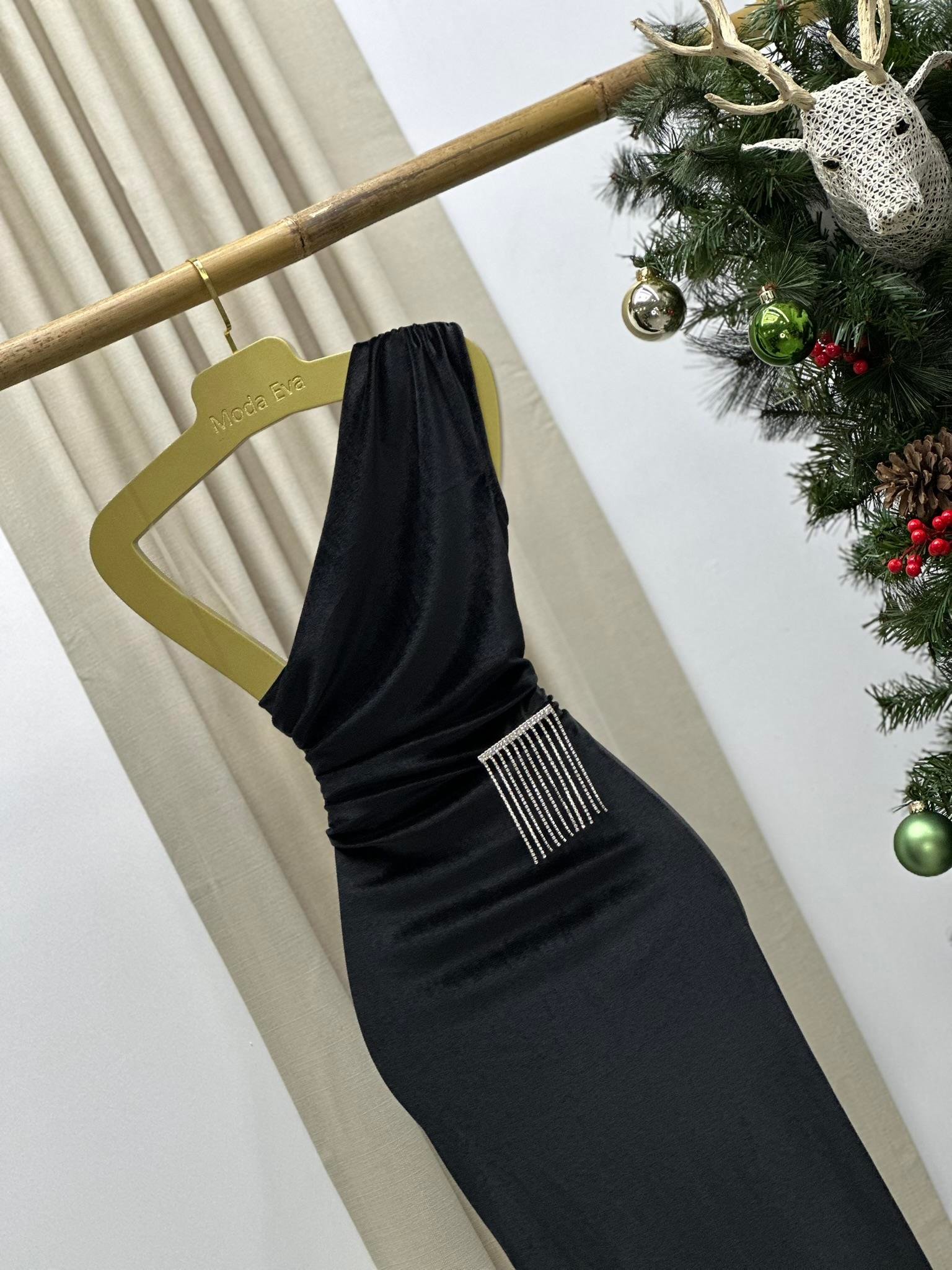 İthal Kadife Kumaş Tek Omuz Detay Kalem Elbise Siyah