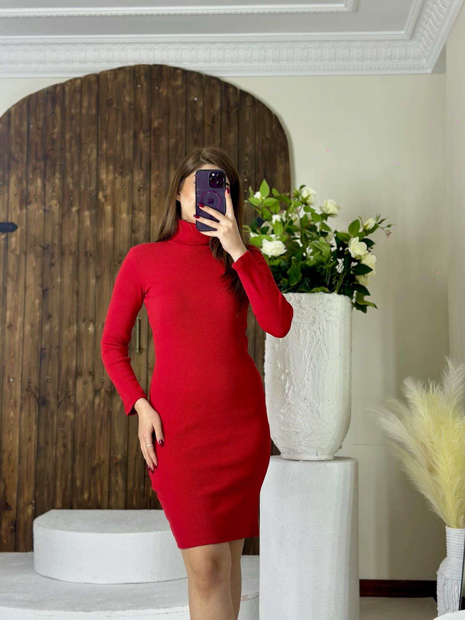 ithal Kaşkorse Kumaş Balıkçı Yaka Deri Kemerli Kırmızı Kalem Elbisemiz