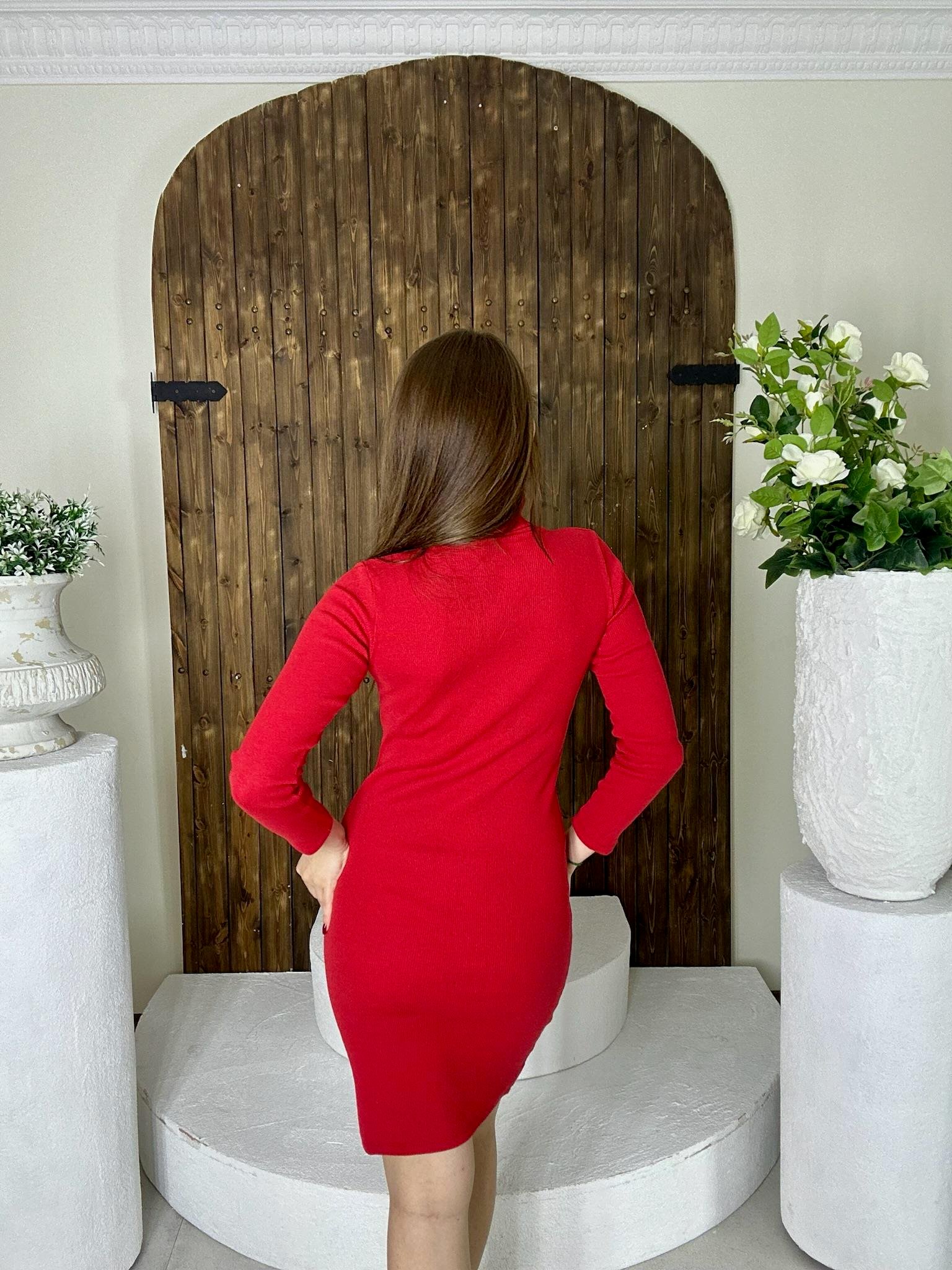 ithal Kaşkorse Kumaş Balıkçı Yaka Deri Kemerli Kırmızı Kalem Elbisemiz